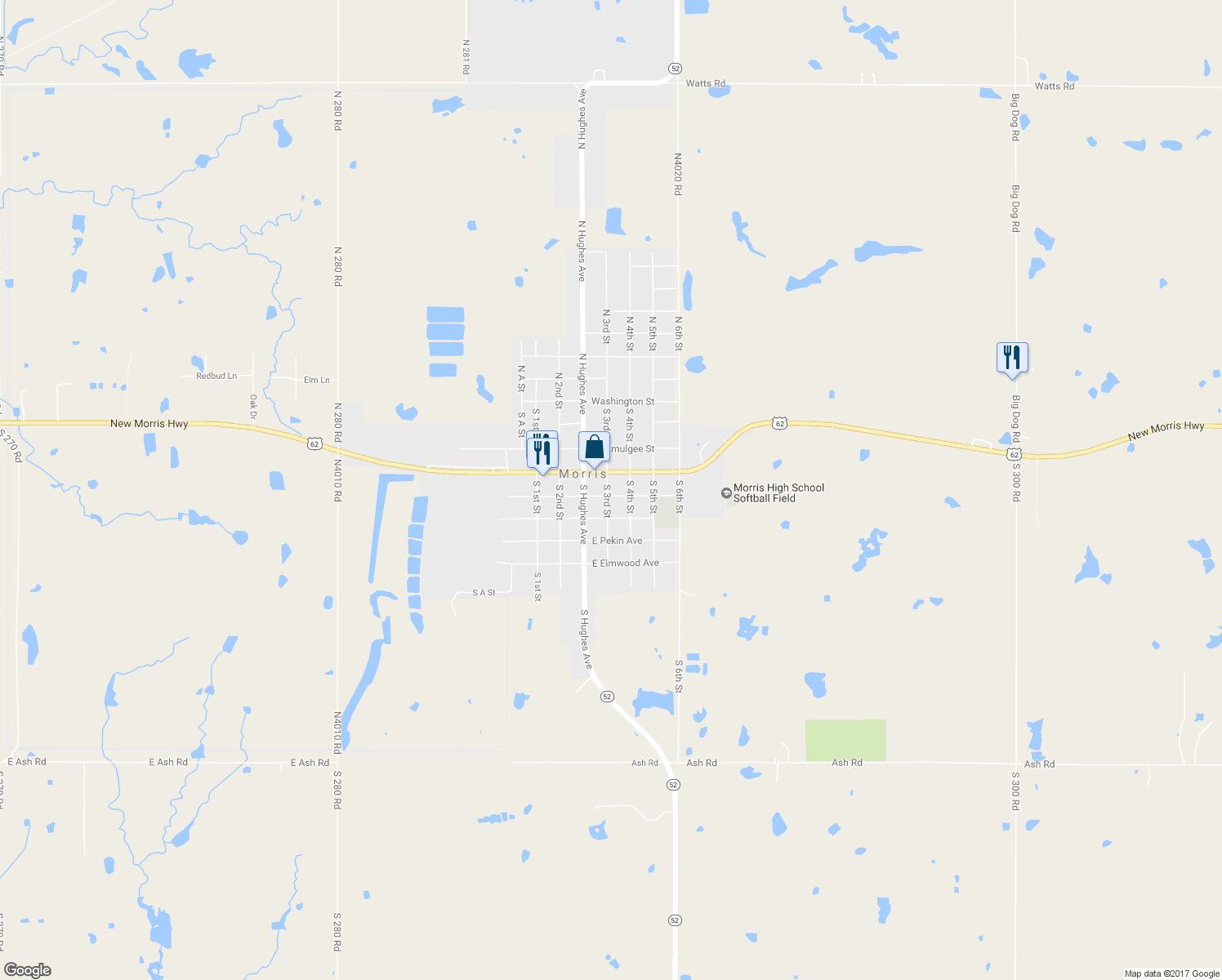 map of restaurants, bars, coffee shops, grocery stores, and more near 322 East Young Street in Morris