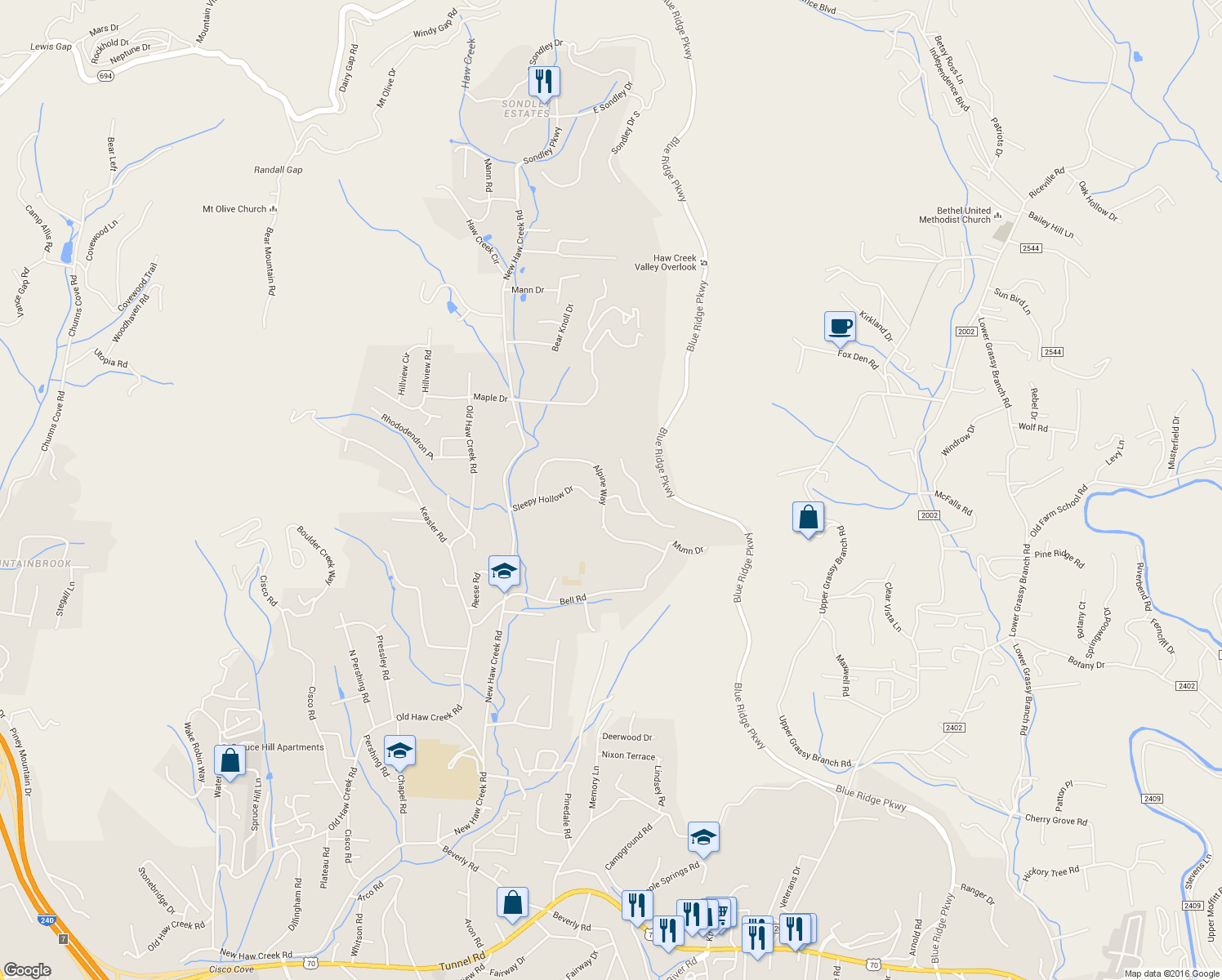 map of restaurants, bars, coffee shops, grocery stores, and more near 80 Alpine Way in Asheville
