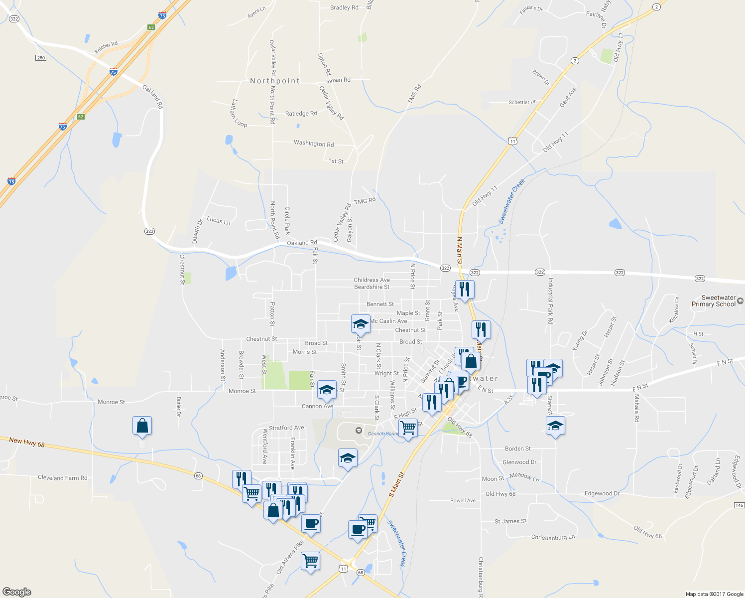 map of restaurants, bars, coffee shops, grocery stores, and more near 806 Bennett Street in Sweetwater