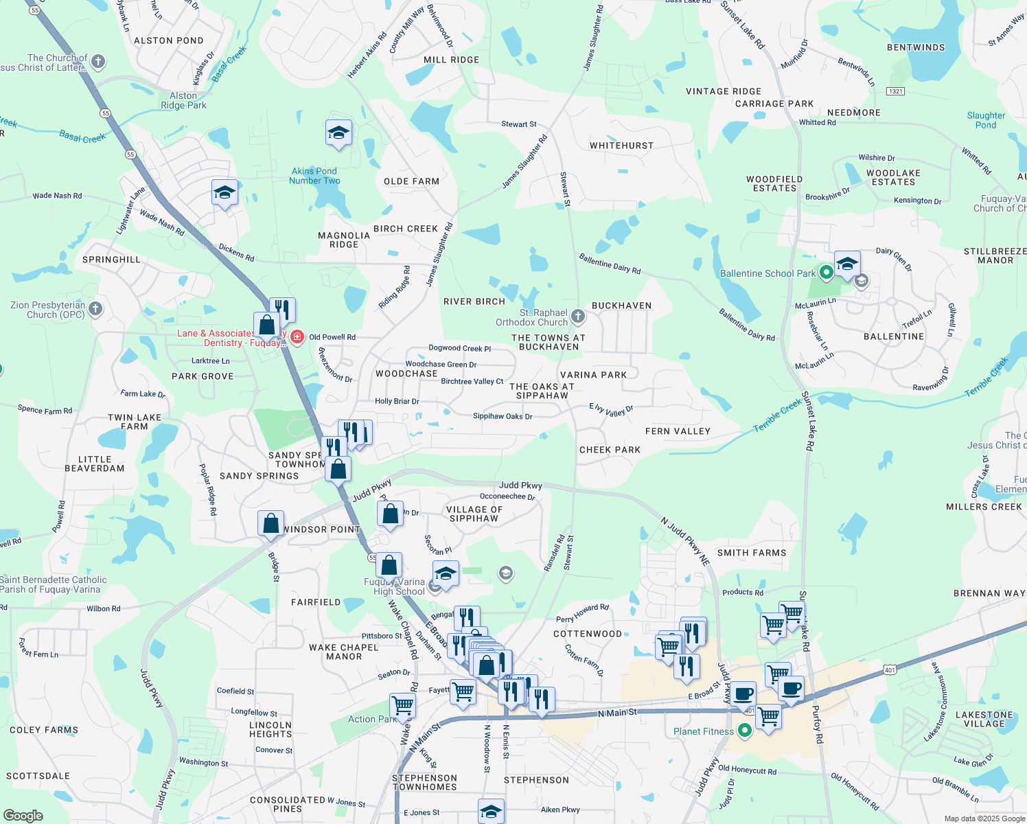 map of restaurants, bars, coffee shops, grocery stores, and more near 531 Sippihaw Oaks Drive in Fuquay Varina