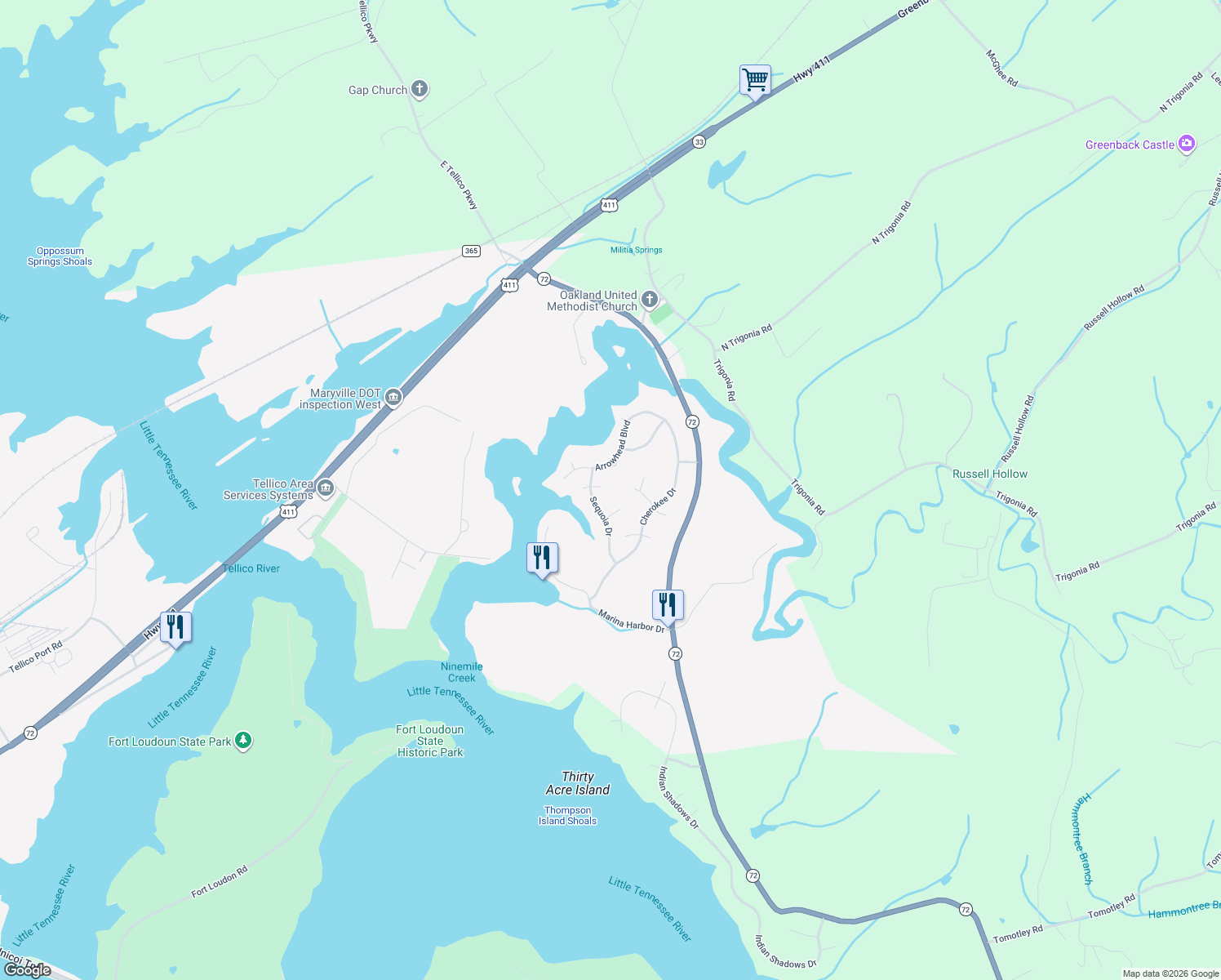 map of restaurants, bars, coffee shops, grocery stores, and more near 1619 Sequoia Court in Maryville