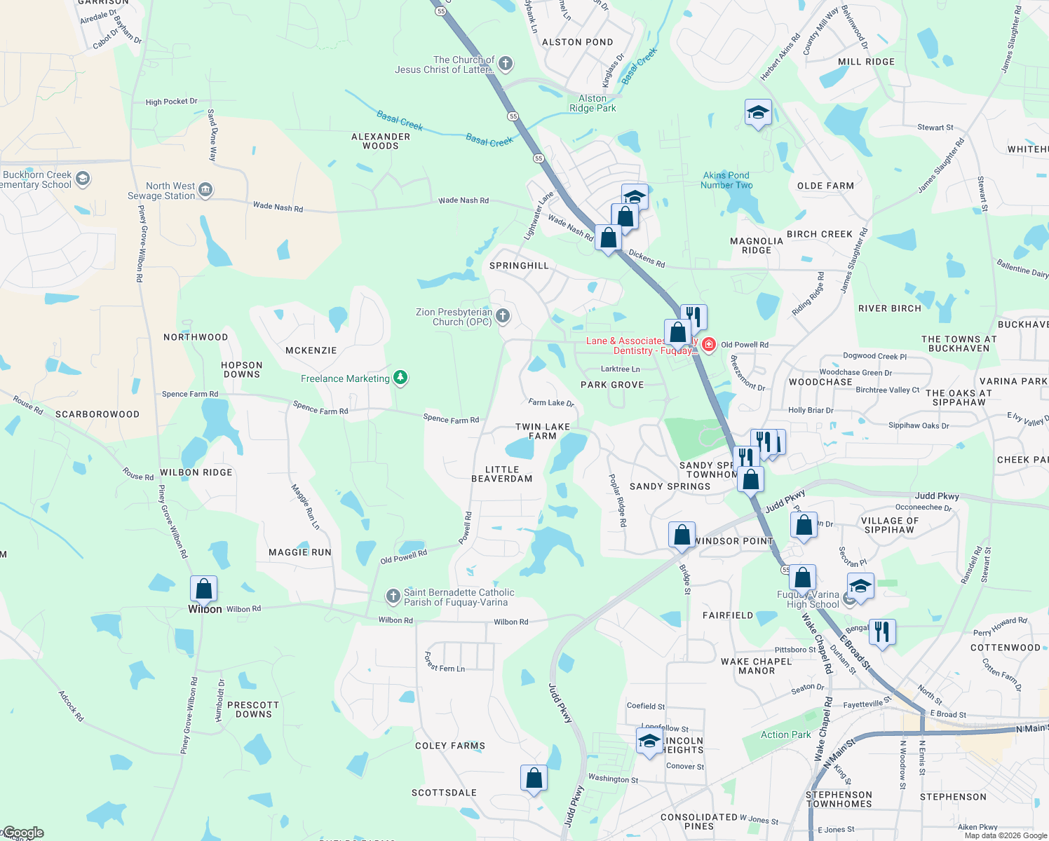 map of restaurants, bars, coffee shops, grocery stores, and more near 1812 Twin Lake Drive in Holly Springs