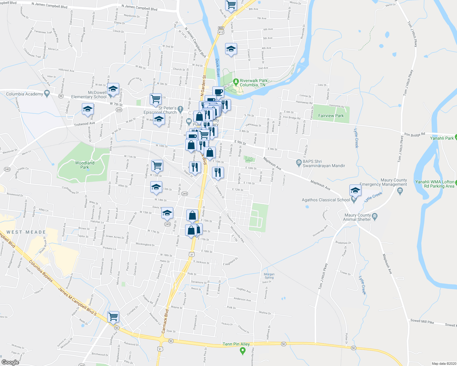 map of restaurants, bars, coffee shops, grocery stores, and more near 300 East 11th Street in Columbia