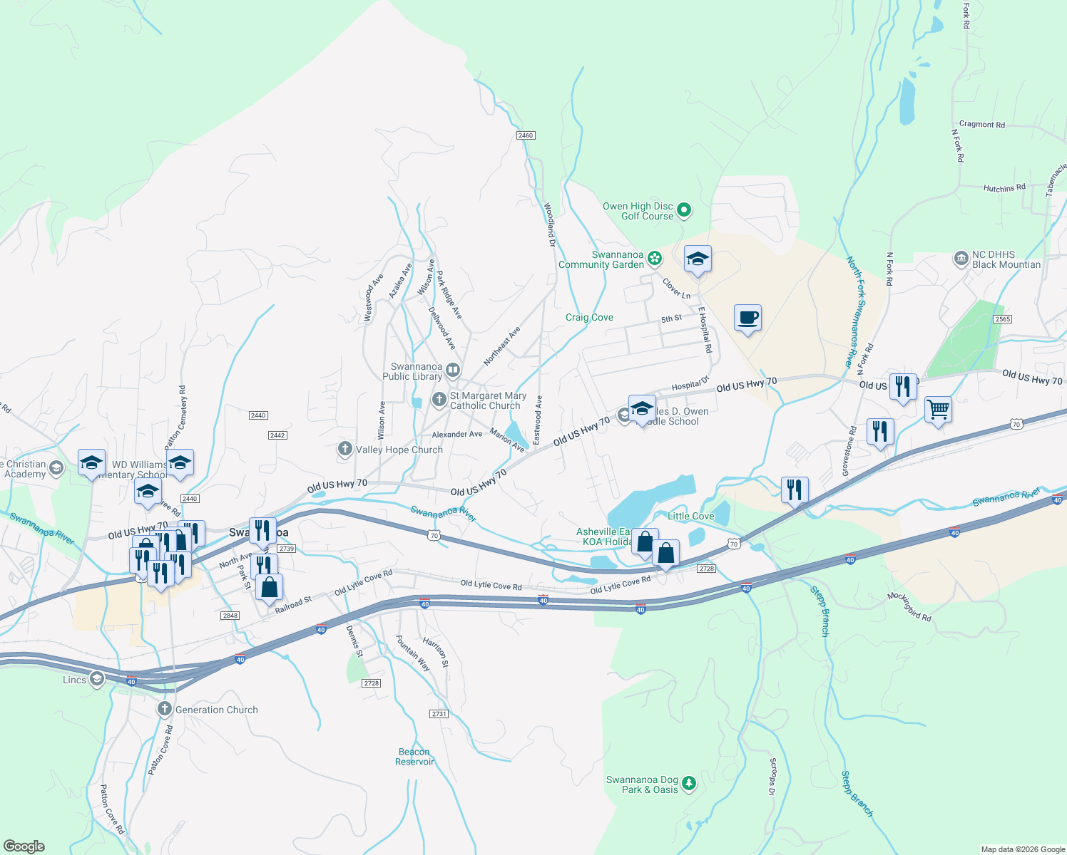 map of restaurants, bars, coffee shops, grocery stores, and more near 107 Eastwood Ave in Swannanoa