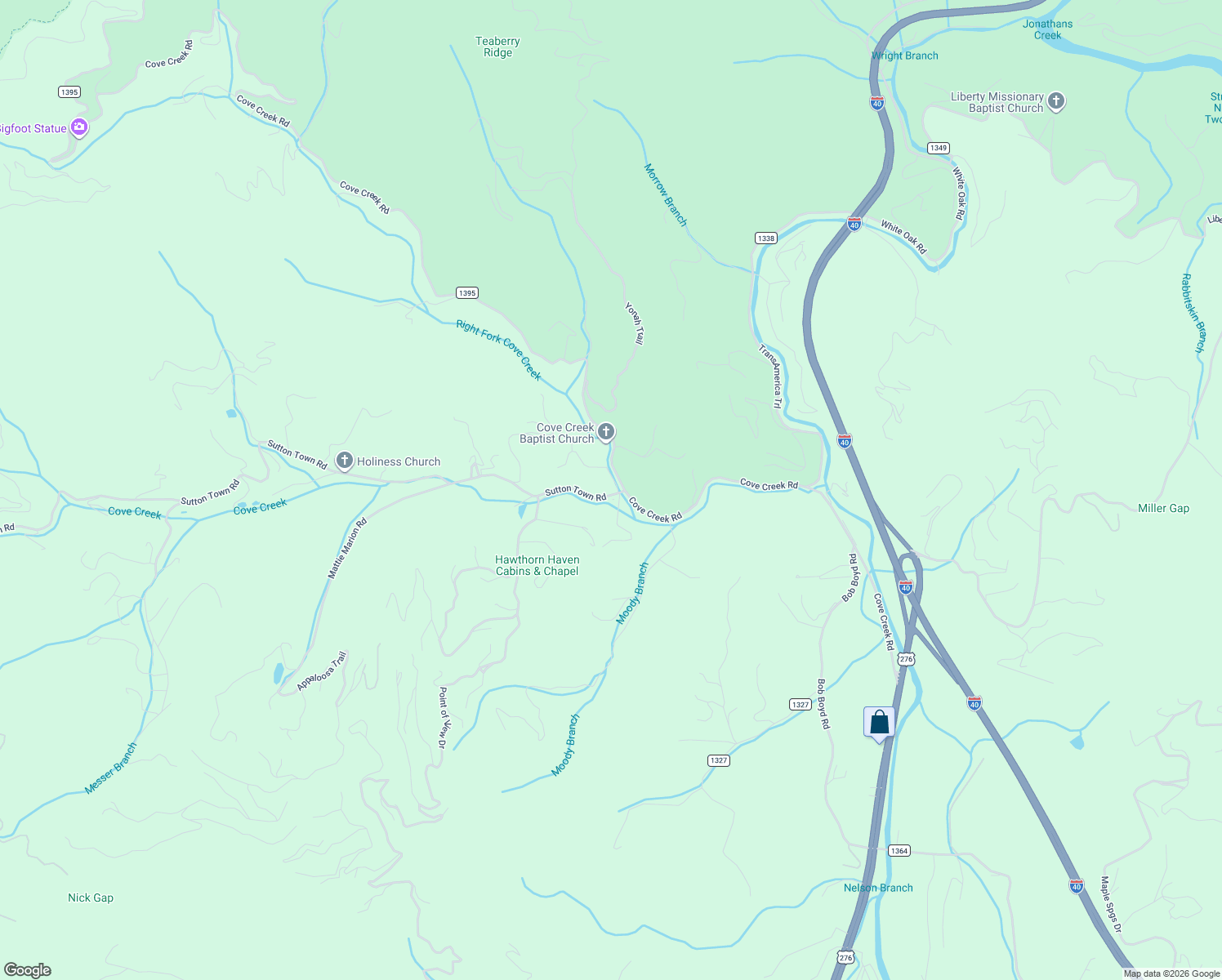map of restaurants, bars, coffee shops, grocery stores, and more near 12 Warwick Loop in Waynesville