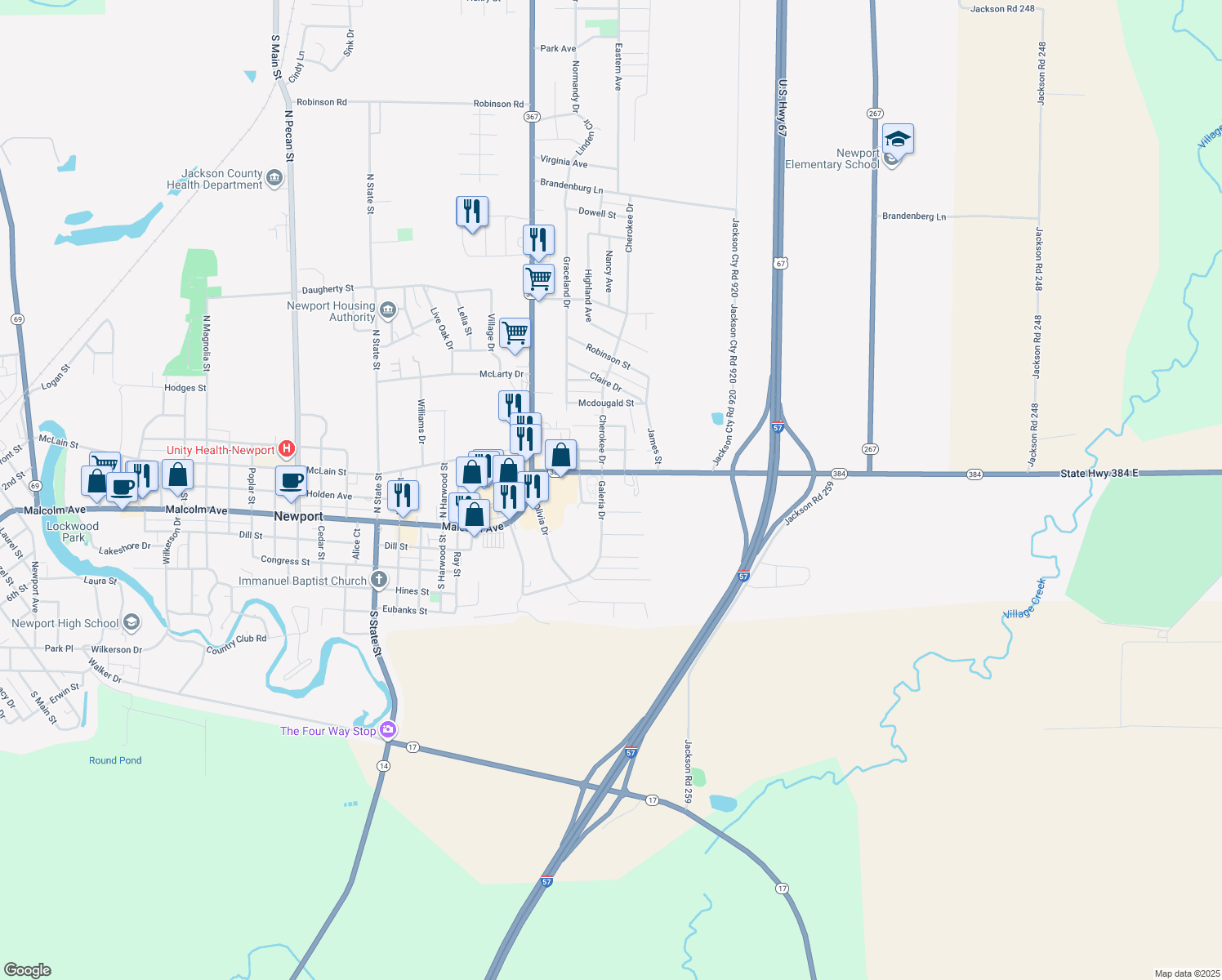 map of restaurants, bars, coffee shops, grocery stores, and more near 2500 Galeria Drive in Newport