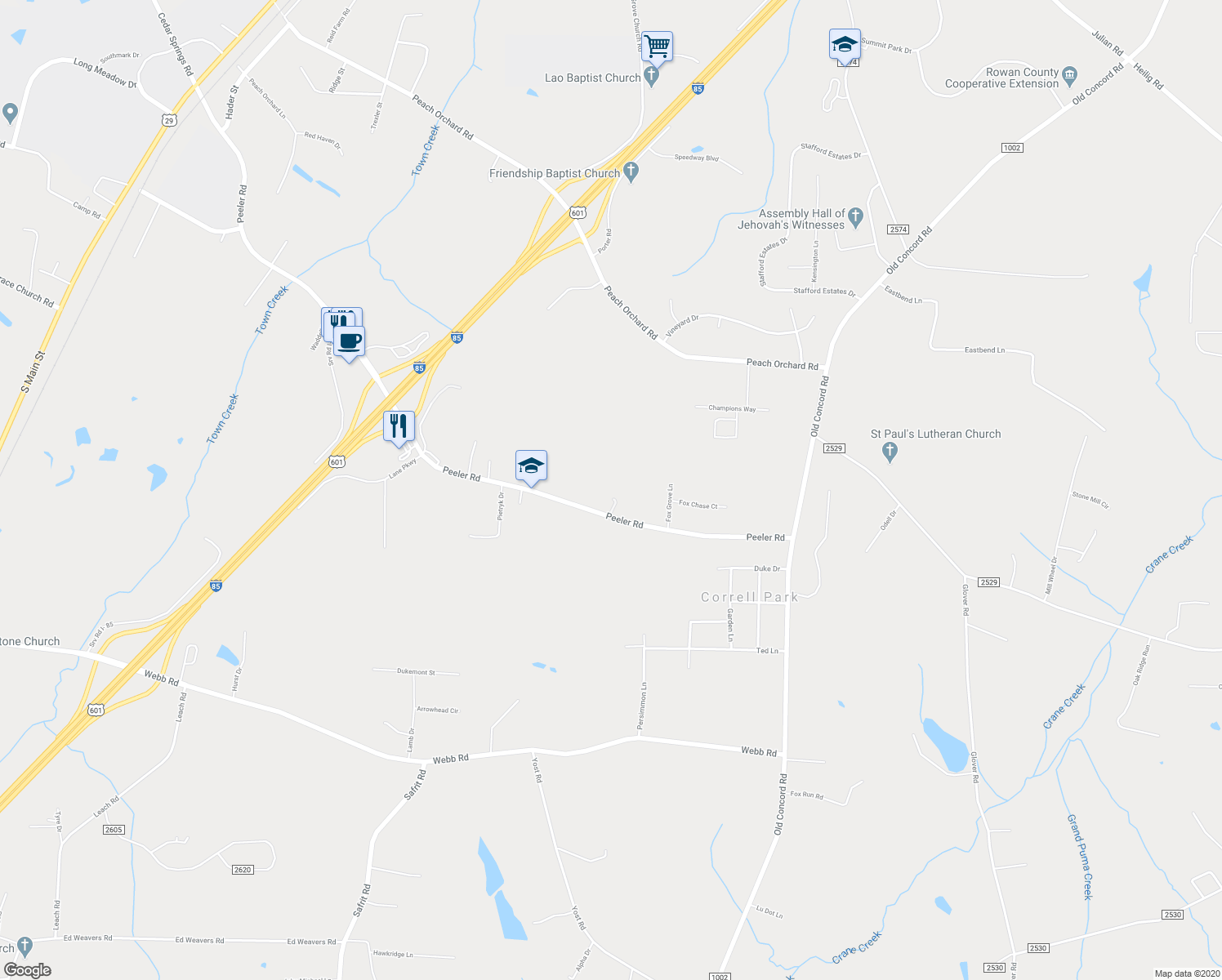 map of restaurants, bars, coffee shops, grocery stores, and more near 1710 Peeler Road in Salisbury