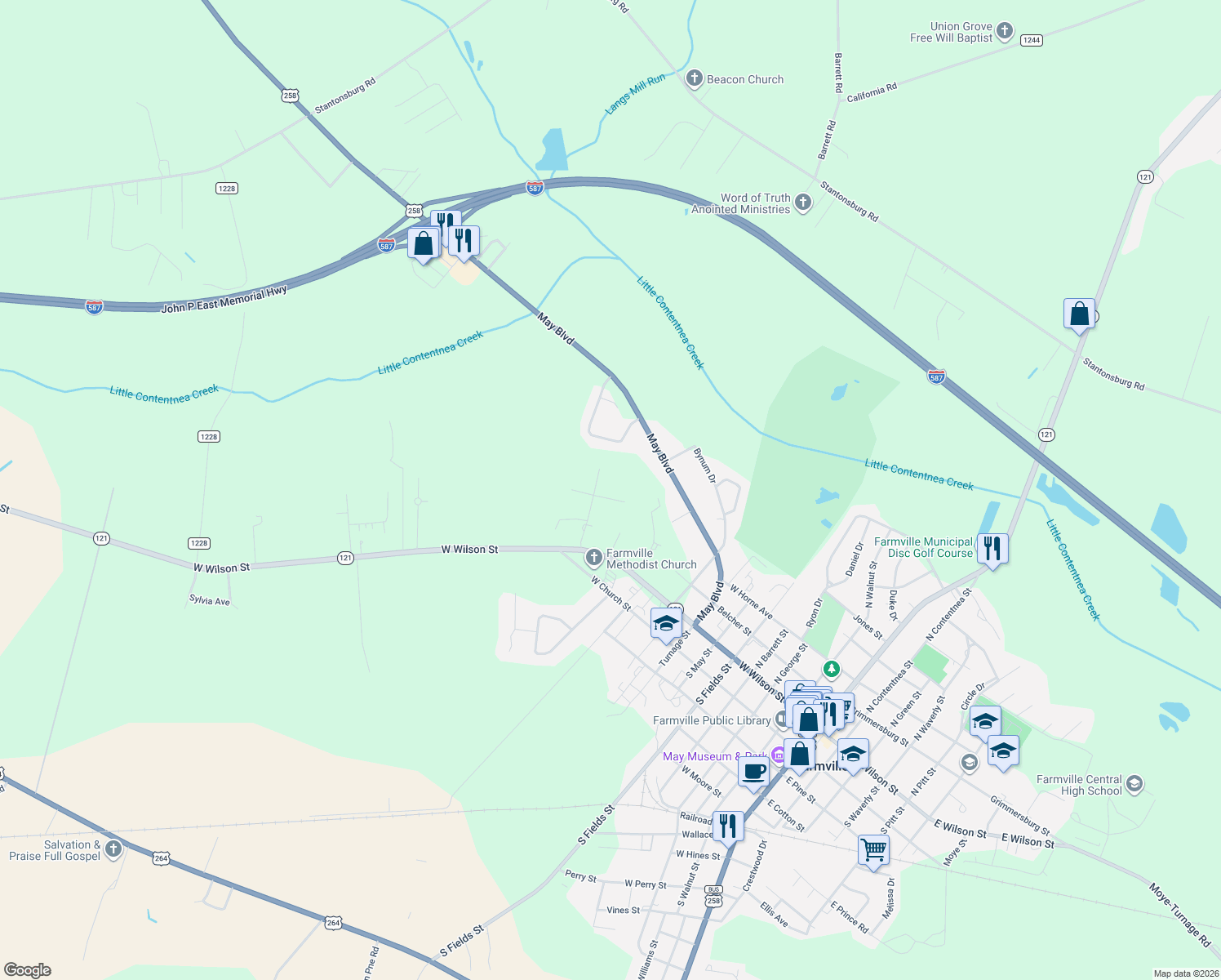 map of restaurants, bars, coffee shops, grocery stores, and more near 4424 Parker Ct in Farmville