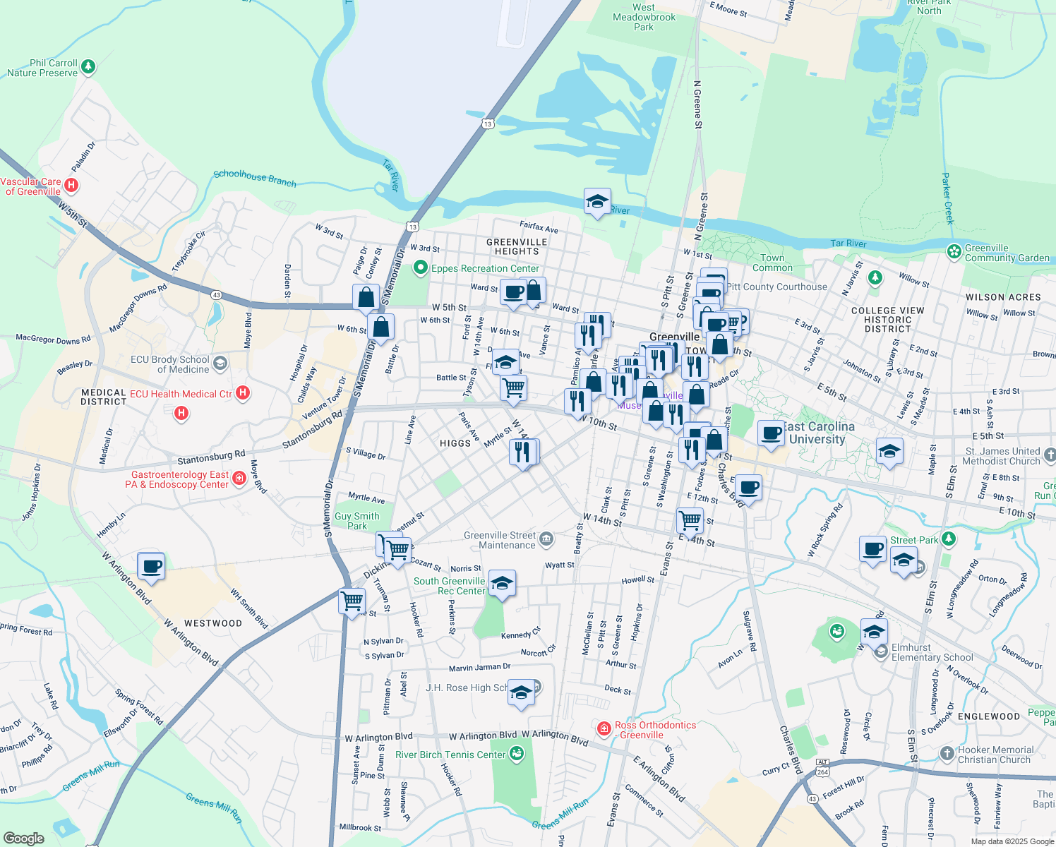 map of restaurants, bars, coffee shops, grocery stores, and more near 1209 Myrtle St in Greenville