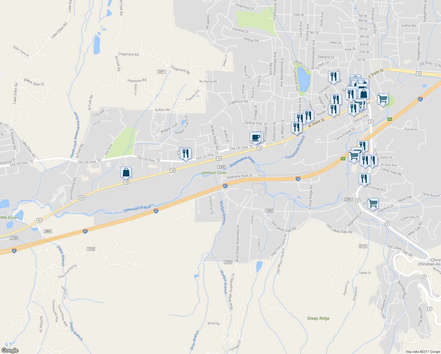 map of restaurants, bars, coffee shops, grocery stores, and more near 851 Blue Ridge Road in Black Mountain