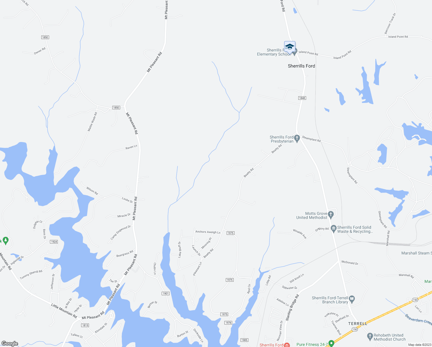 map of restaurants, bars, coffee shops, grocery stores, and more near 3101 Beatty Road in Sherrills Ford