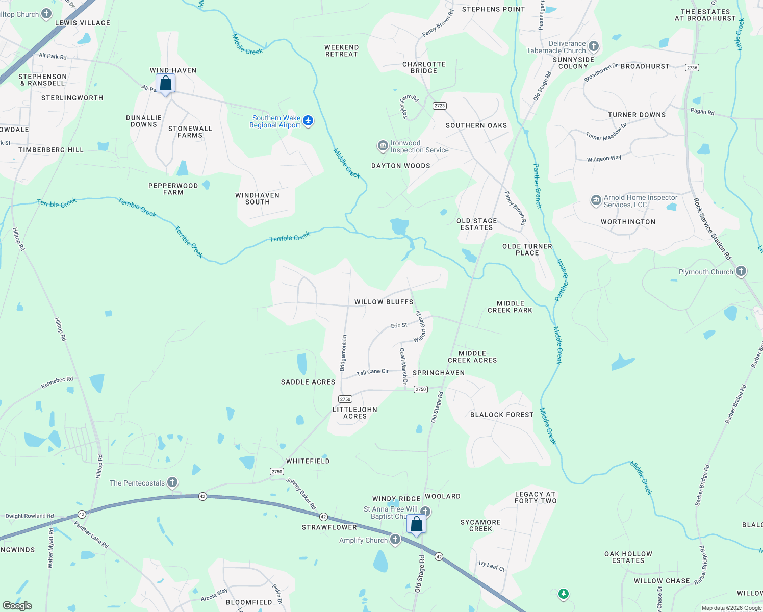 map of restaurants, bars, coffee shops, grocery stores, and more near 1609 Middle Ridge Drive in Willow Spring