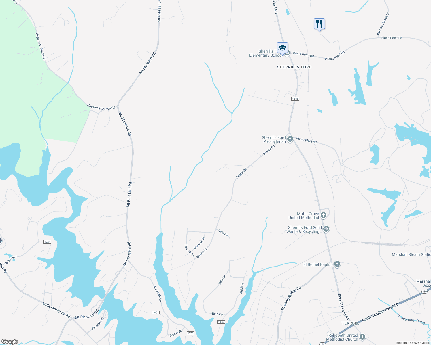 map of restaurants, bars, coffee shops, grocery stores, and more near 3101 Beatty Road in Sherrills Ford