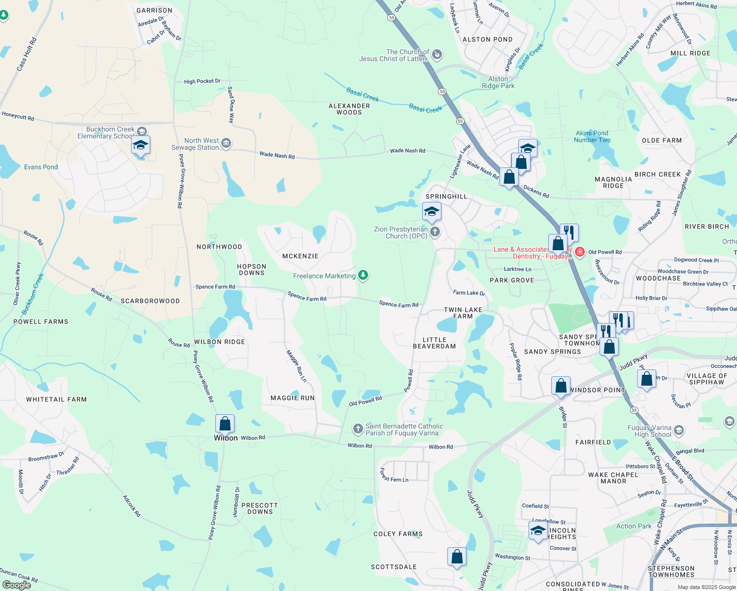 map of restaurants, bars, coffee shops, grocery stores, and more near 5316 Spence Farm Road in Holly Springs