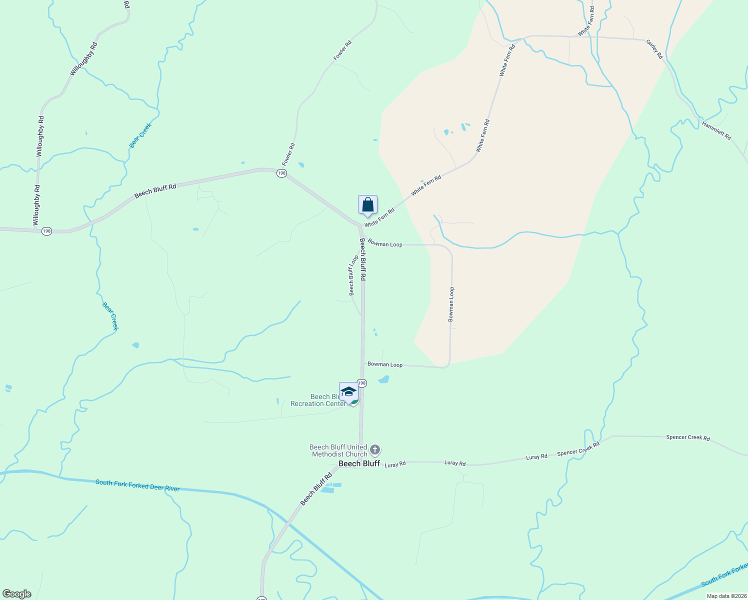 map of restaurants, bars, coffee shops, grocery stores, and more near 4375 Beech Bluff Road in Beech Bluff