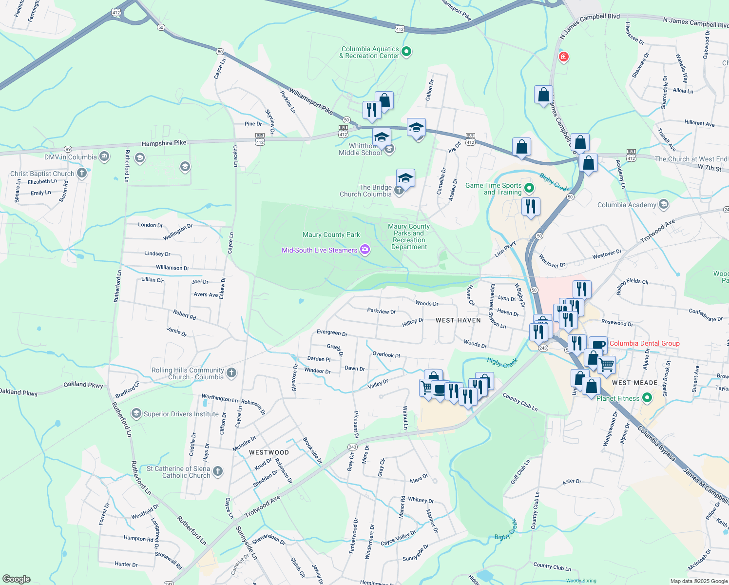 map of restaurants, bars, coffee shops, grocery stores, and more near 522 Woods Drive in Columbia