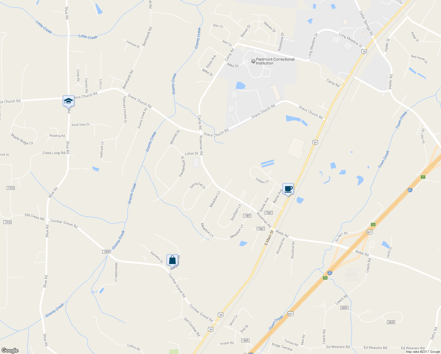 map of restaurants, bars, coffee shops, grocery stores, and more near 720 Roseman Road in Salisbury