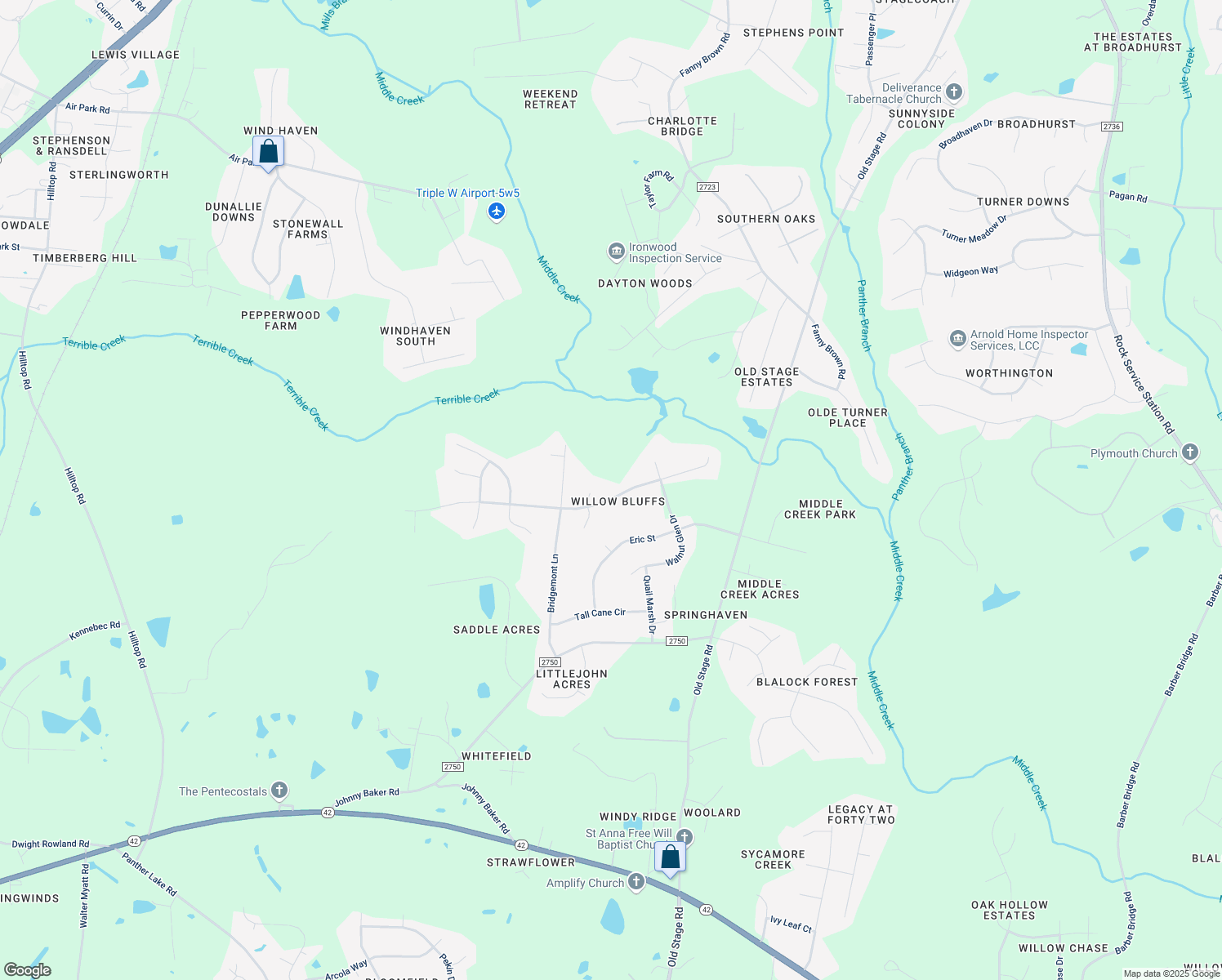 map of restaurants, bars, coffee shops, grocery stores, and more near 1604 Middle Ridge Drive in Willow Spring