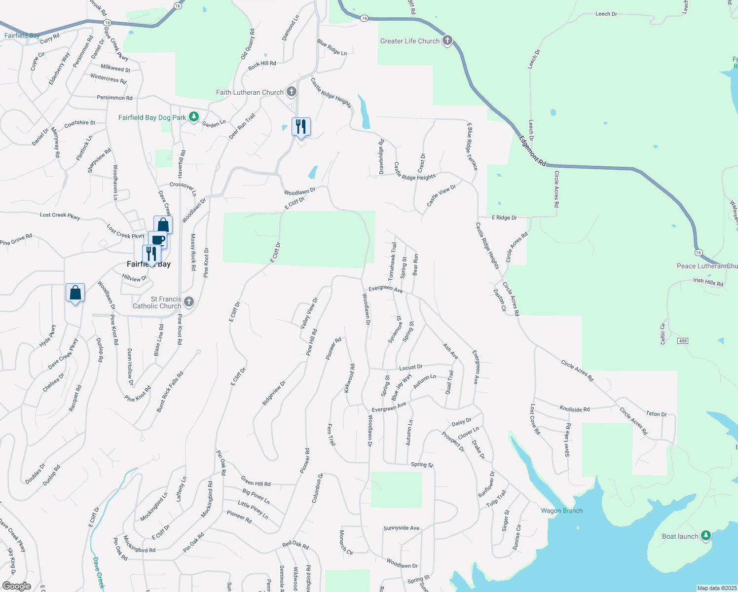 map of restaurants, bars, coffee shops, grocery stores, and more near 721 Woodlawn Drive in Fairfield Bay