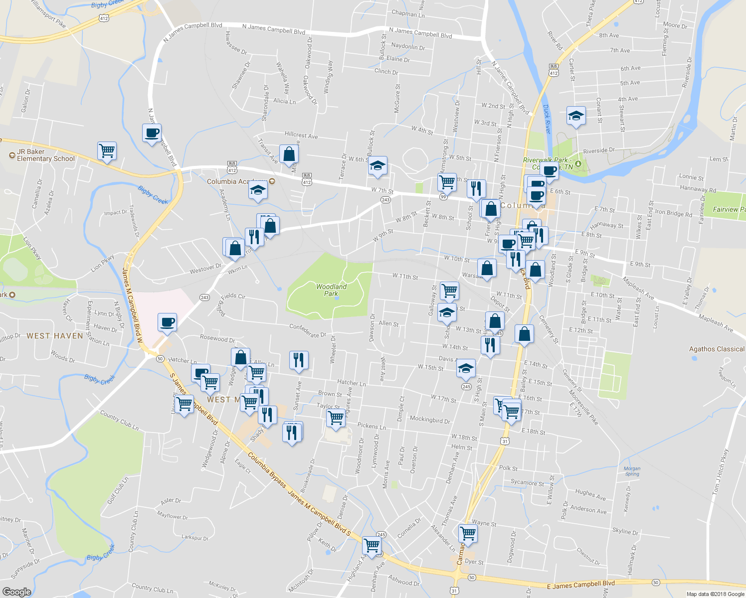 map of restaurants, bars, coffee shops, grocery stores, and more near 102 Dawson Drive in Columbia