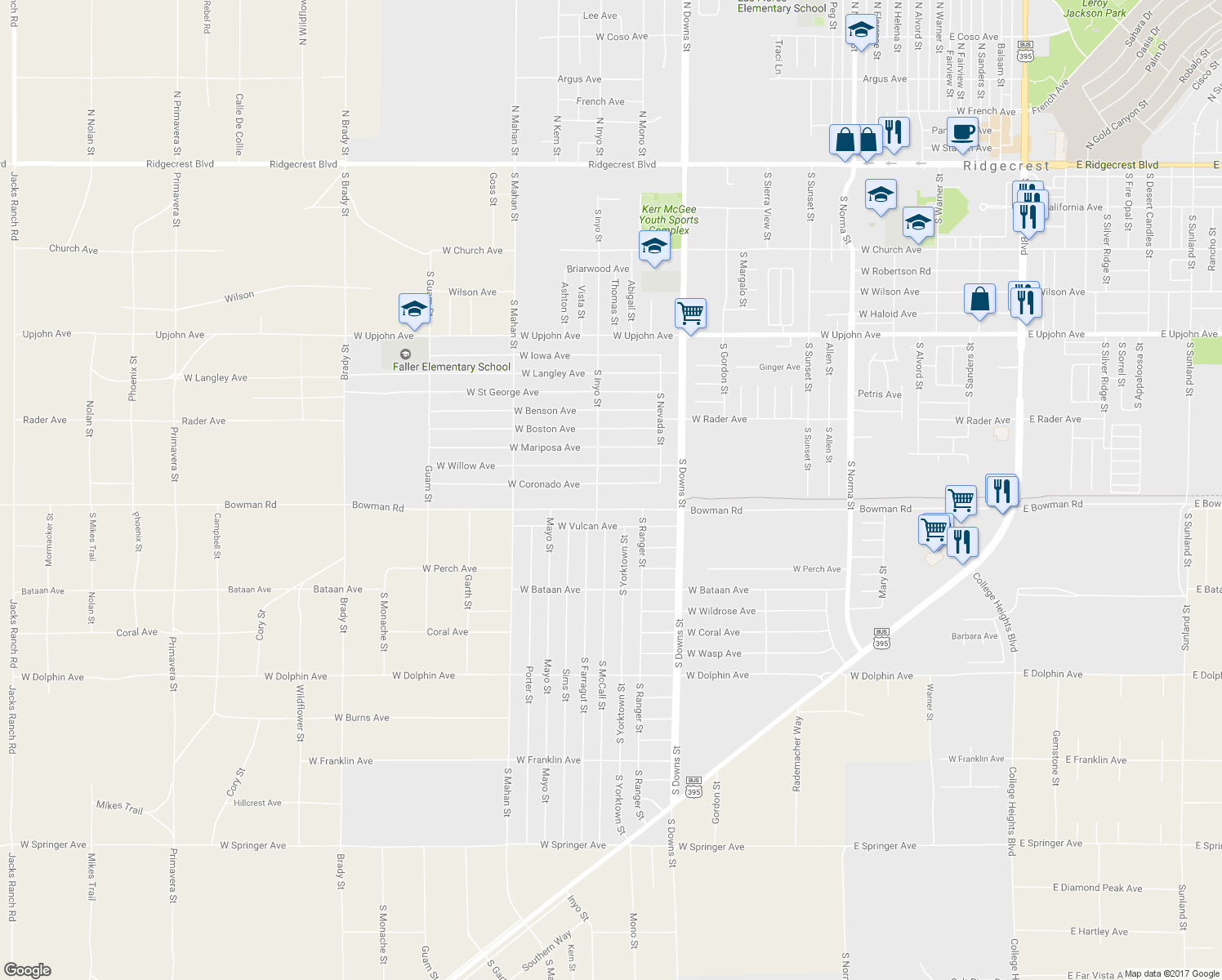 map of restaurants, bars, coffee shops, grocery stores, and more near 1033 West Coronado Avenue in Ridgecrest