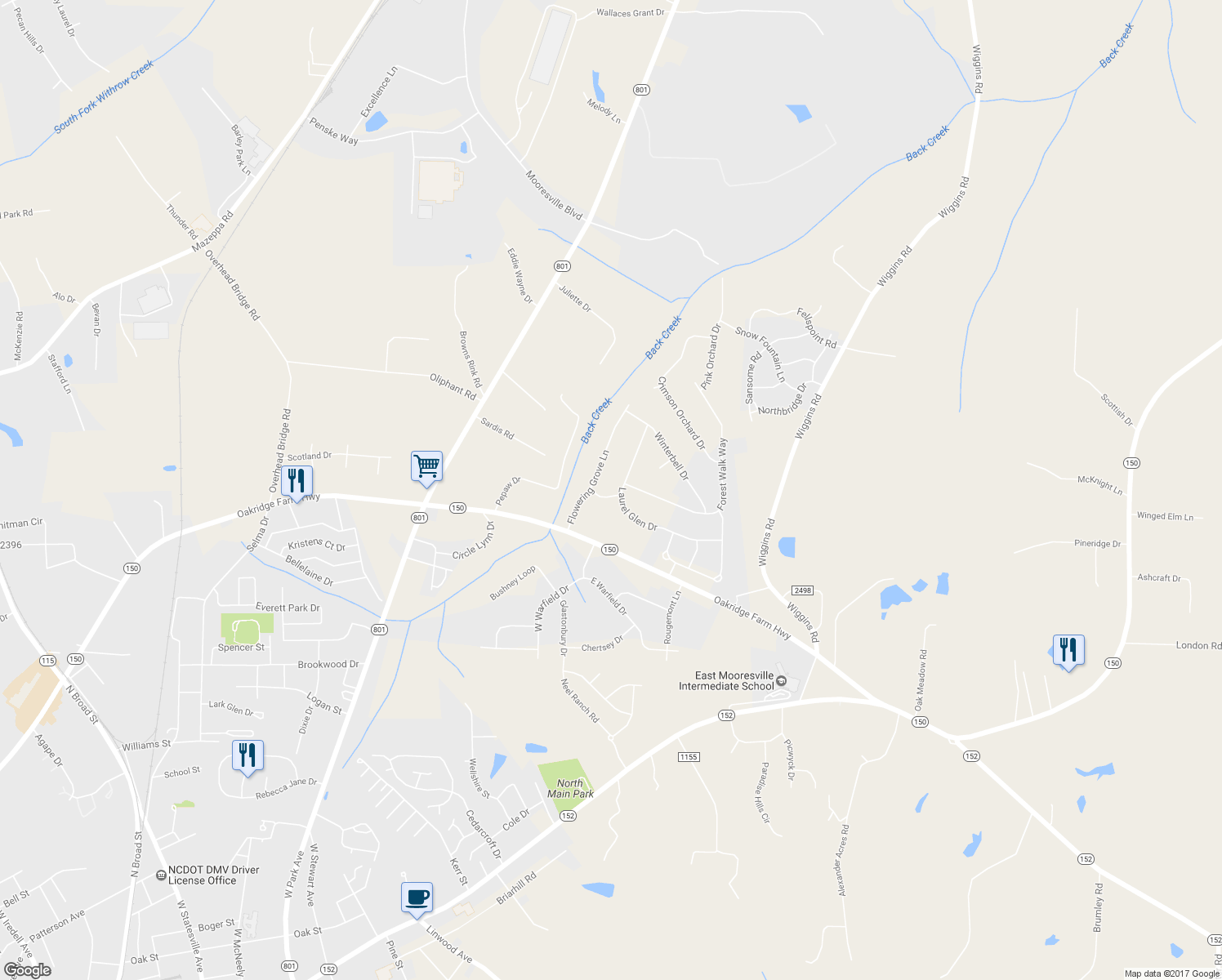 map of restaurants, bars, coffee shops, grocery stores, and more near 123 Sugar Thyme Lane in Mooresville