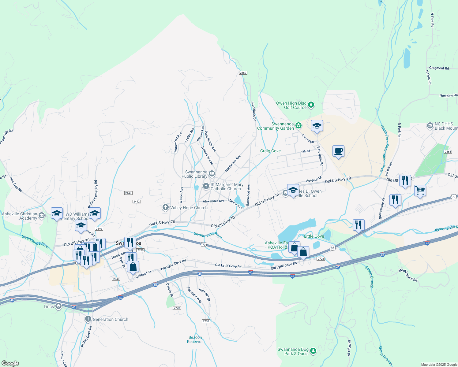 map of restaurants, bars, coffee shops, grocery stores, and more near 230 Varden Place in Swannanoa