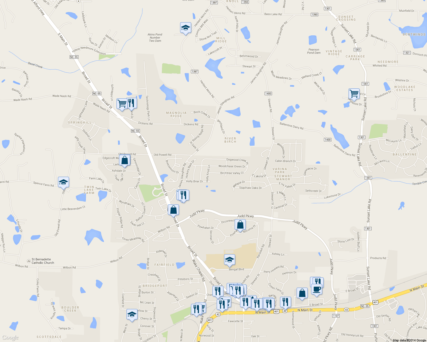 map of restaurants, bars, coffee shops, grocery stores, and more near 409 Birchtree Valley Court in Fuquay Varina