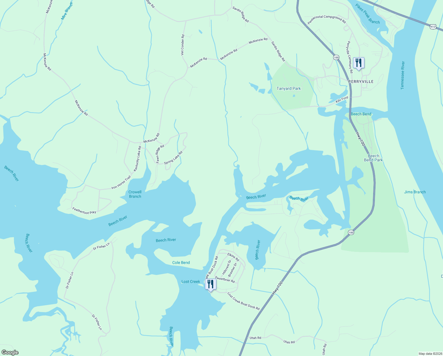 map of restaurants, bars, coffee shops, grocery stores, and more near Kilo Ford Road in Parsons