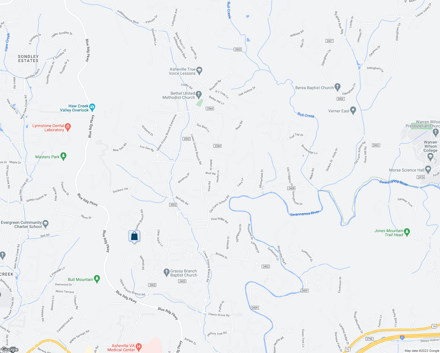 map of restaurants, bars, coffee shops, grocery stores, and more near 31 Wolf Road in Asheville