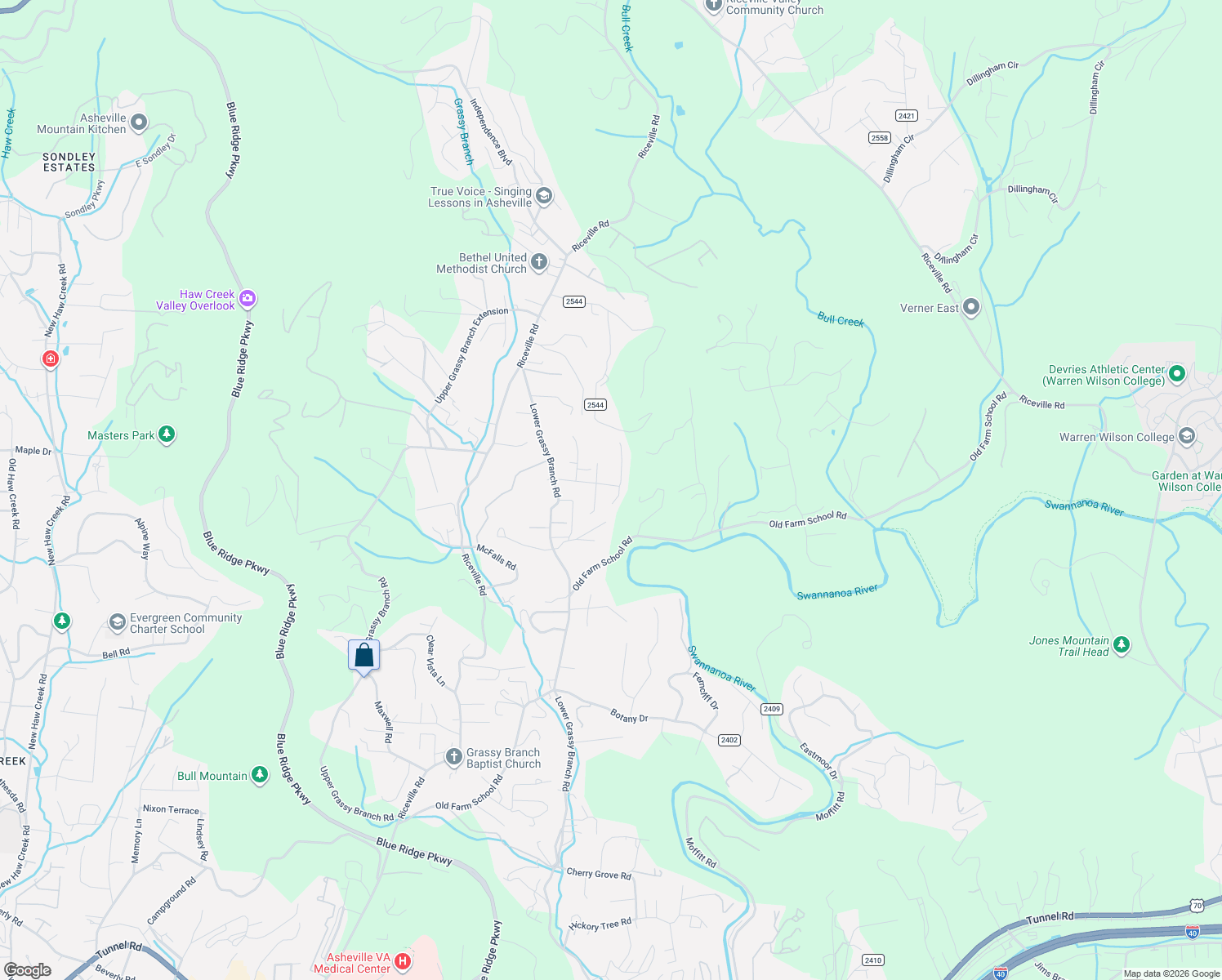 map of restaurants, bars, coffee shops, grocery stores, and more near 32 Wolf Road in Asheville
