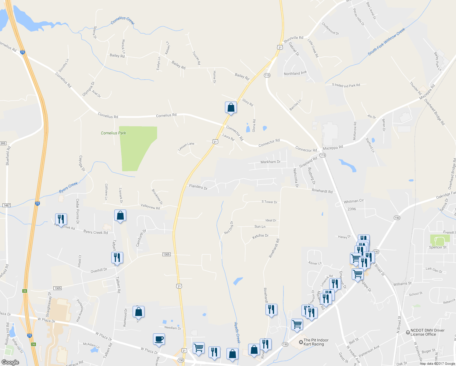 map of restaurants, bars, coffee shops, grocery stores, and more near Flanders Drive in Mooresville