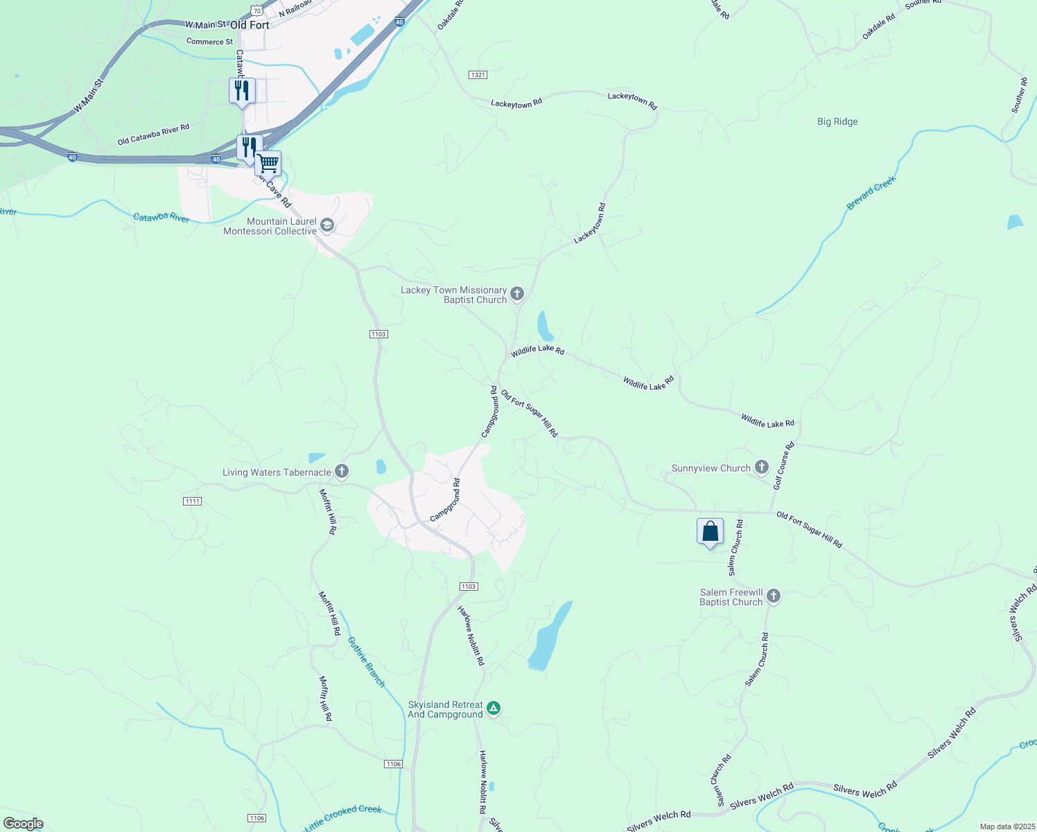 map of restaurants, bars, coffee shops, grocery stores, and more near 15 Ken Tom Road in Old Fort