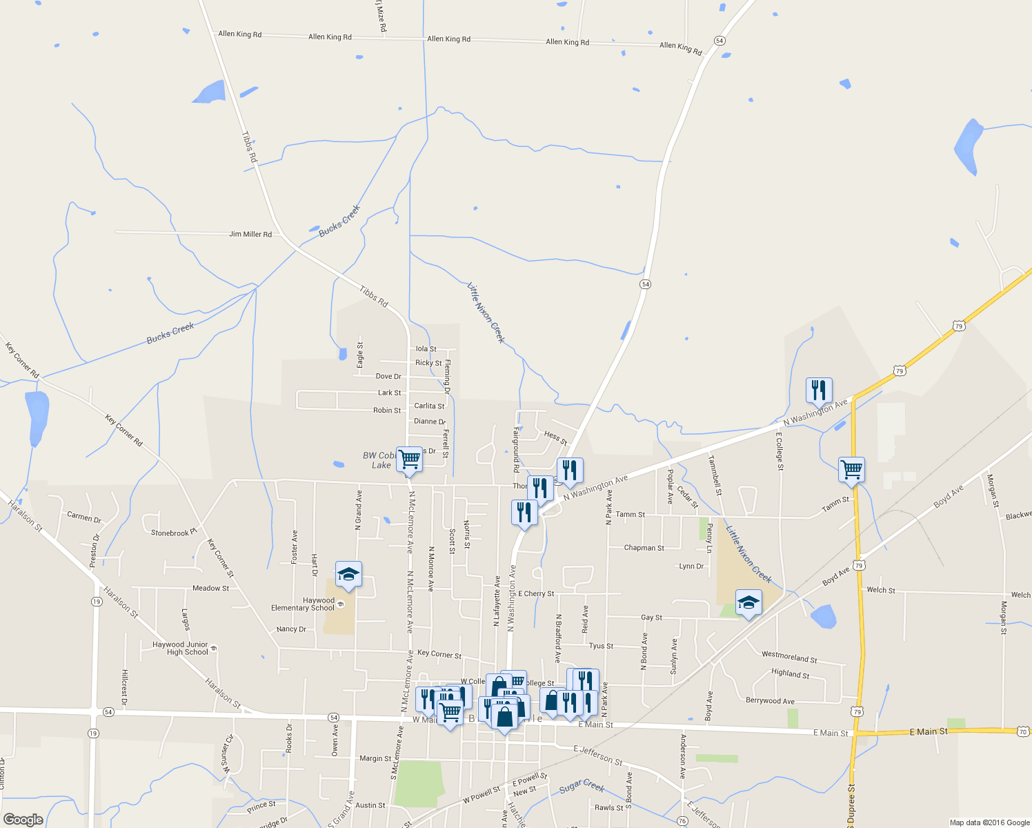map of restaurants, bars, coffee shops, grocery stores, and more near 1399 Fairground Road in Brownsville