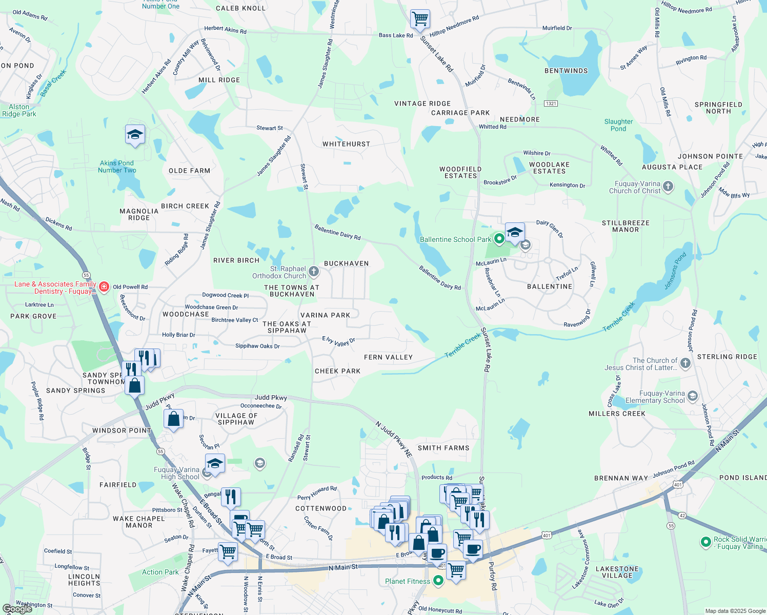 map of restaurants, bars, coffee shops, grocery stores, and more near 949 Glenmacie Drive in Fuquay Varina