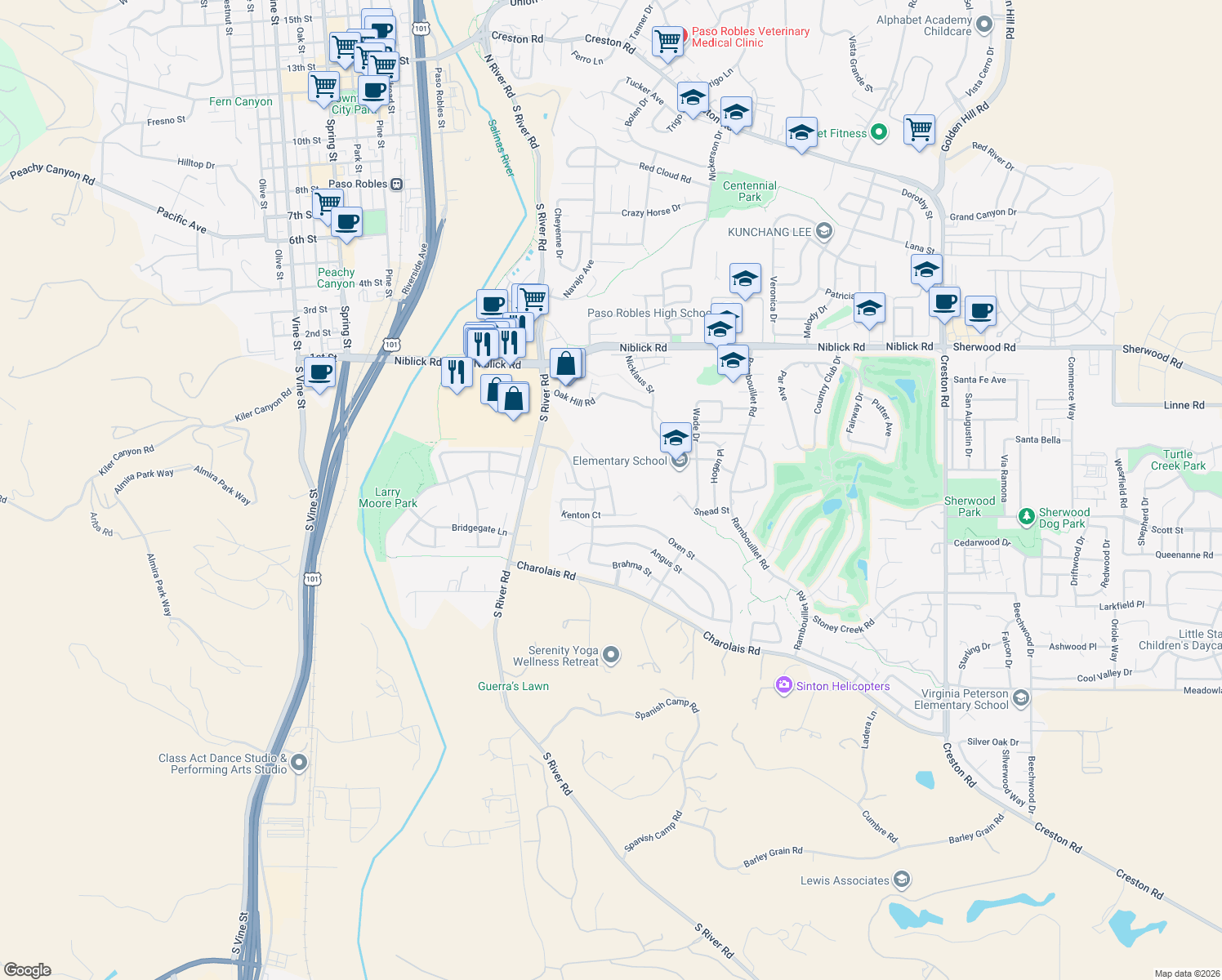 map of restaurants, bars, coffee shops, grocery stores, and more near 1762 Miller Court in Paso Robles