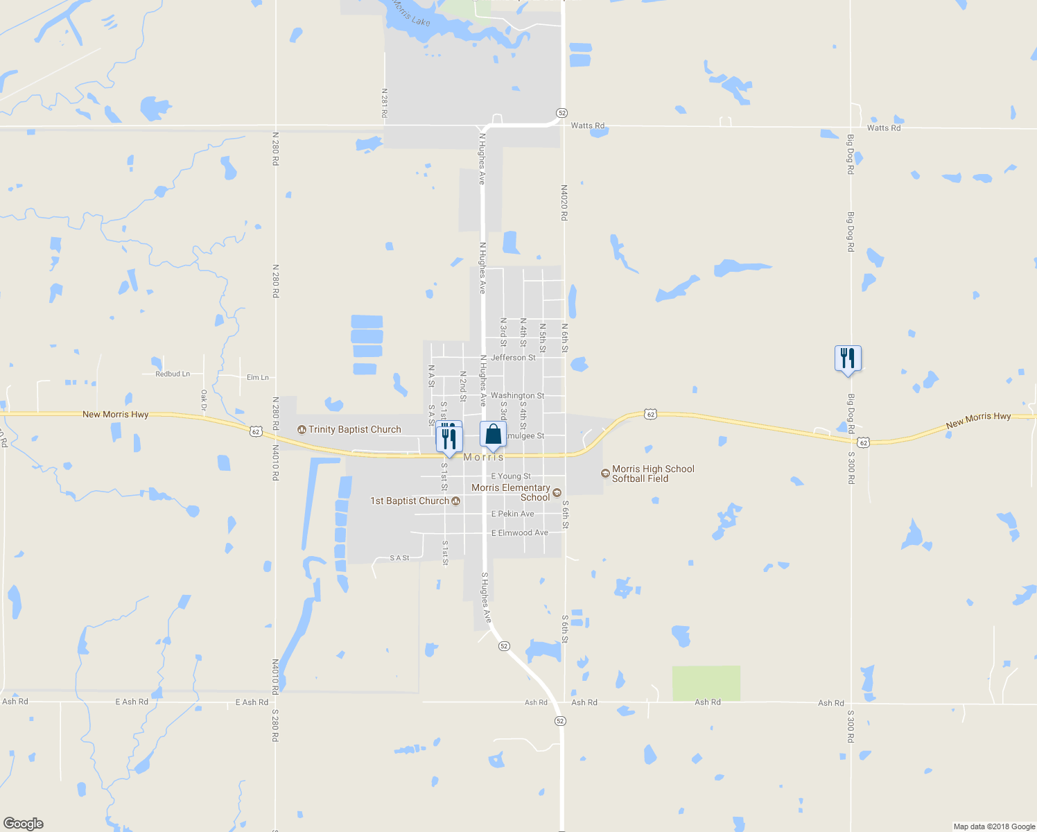 map of restaurants, bars, coffee shops, grocery stores, and more near 108 South 4th Street in Morris