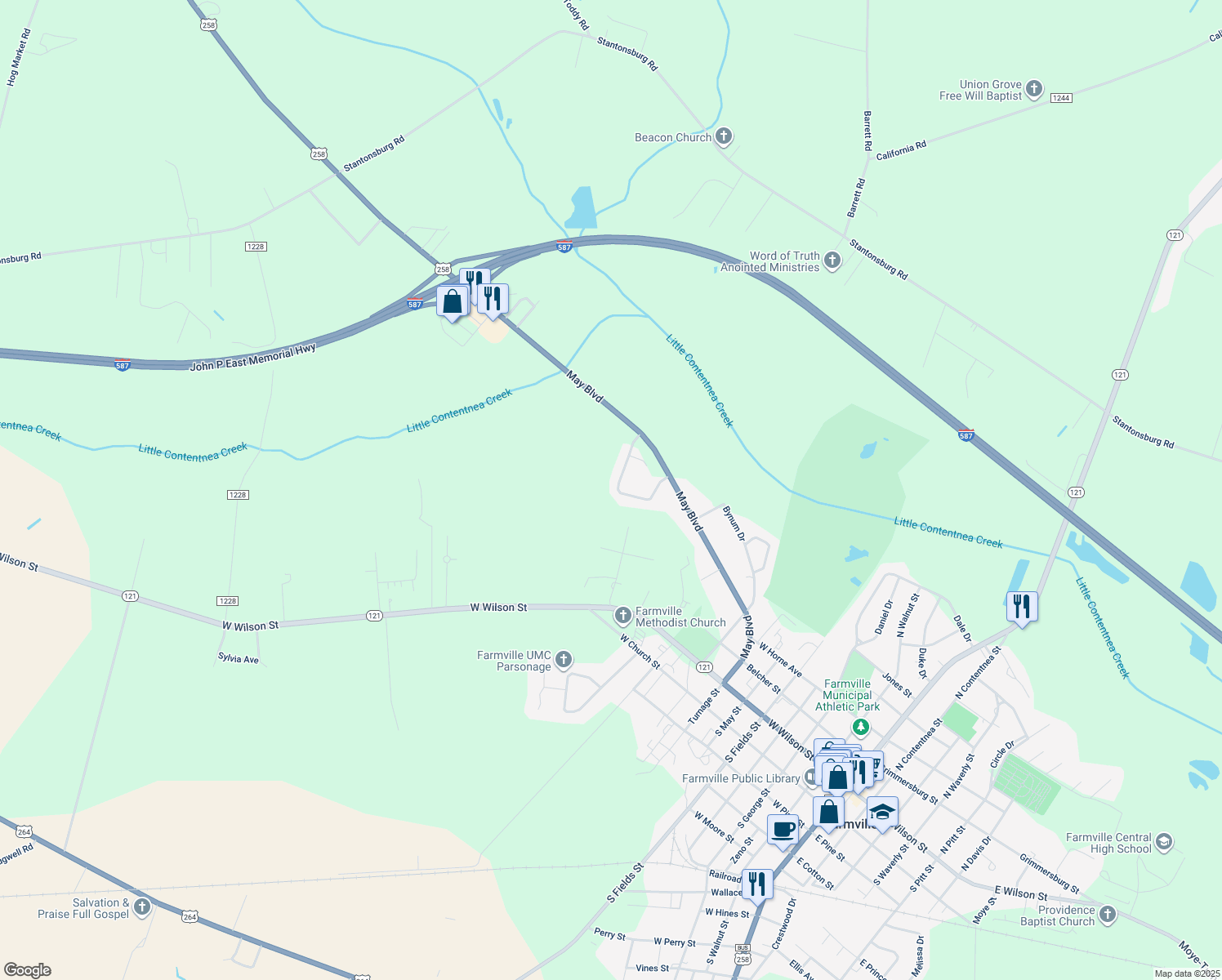 map of restaurants, bars, coffee shops, grocery stores, and more near 3372 Planters Way Drive in Farmville