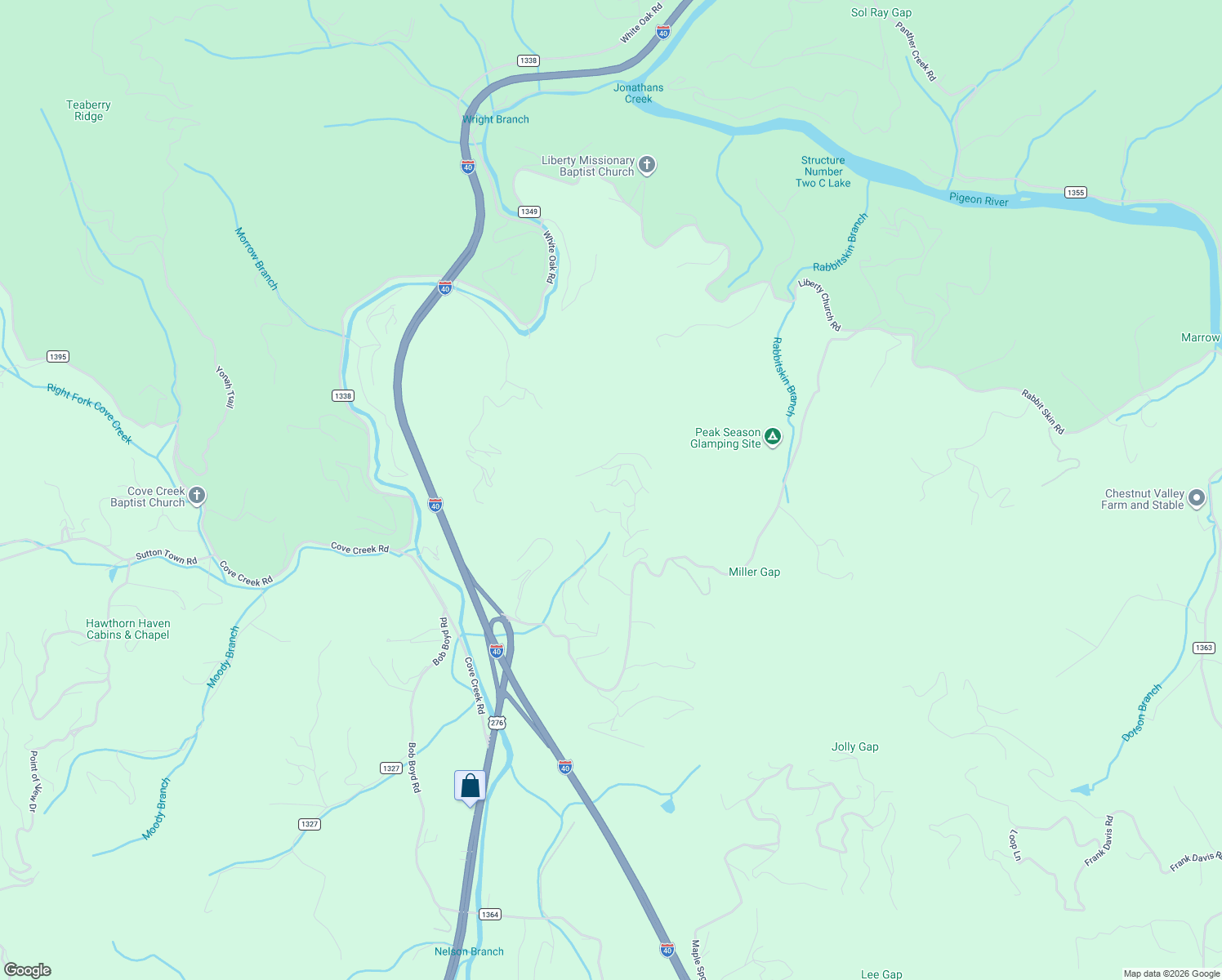 map of restaurants, bars, coffee shops, grocery stores, and more near 55 Baby Bunny Way in Waynesville