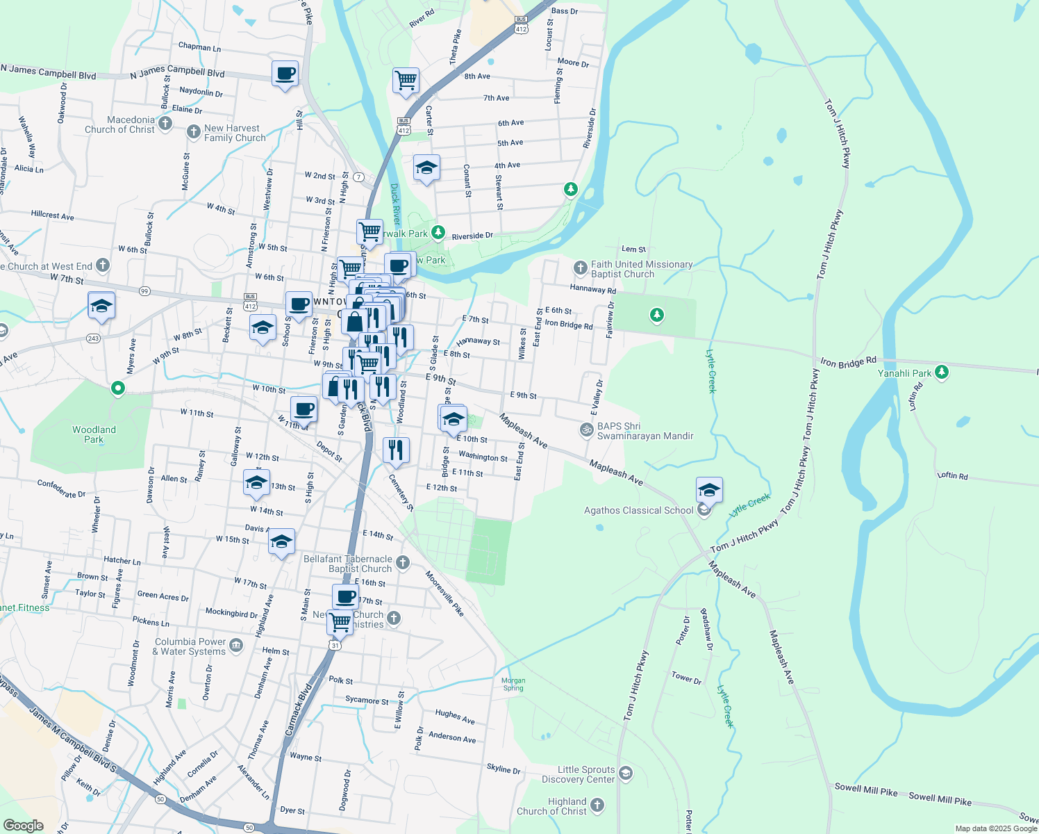 map of restaurants, bars, coffee shops, grocery stores, and more near 614 Midway Avenue in Columbia