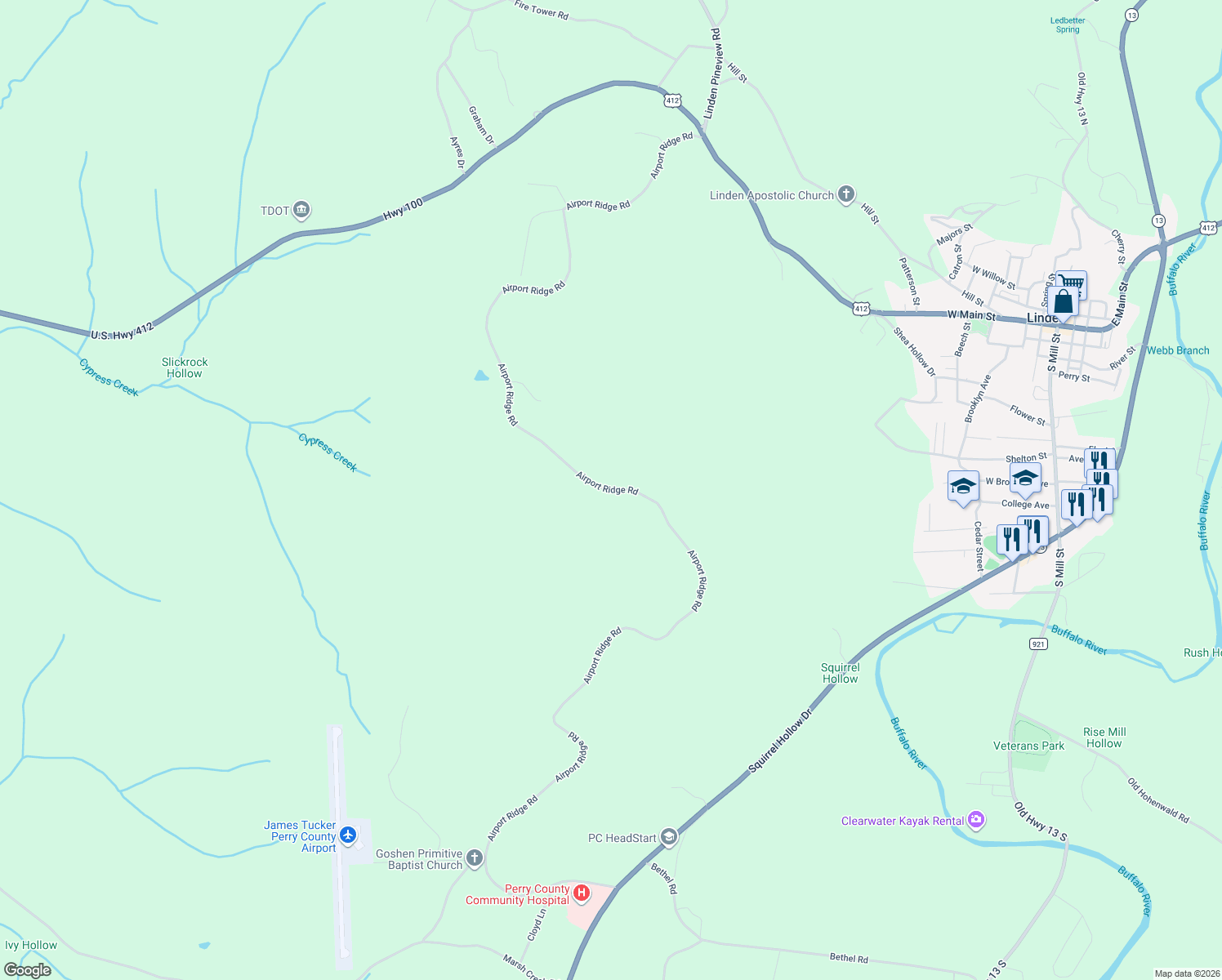 map of restaurants, bars, coffee shops, grocery stores, and more near Airport Ridge Road in Linden