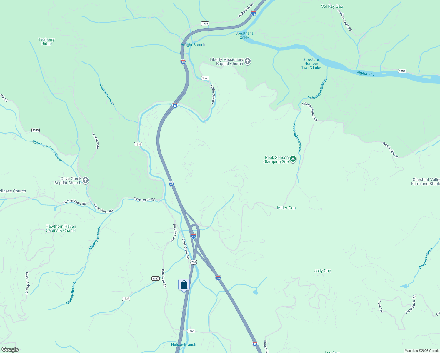 map of restaurants, bars, coffee shops, grocery stores, and more near 100 Floppy Ear Trail in Waynesville