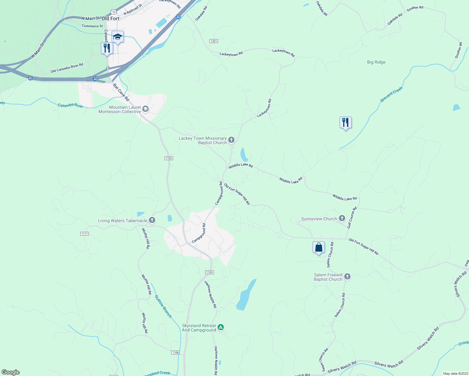 map of restaurants, bars, coffee shops, grocery stores, and more near 15 Ken Tom Road in Old Fort