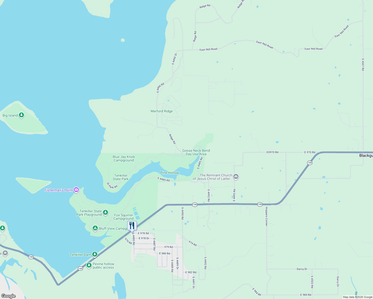 map of restaurants, bars, coffee shops, grocery stores, and more near 46985 South 4490 Road in Vian