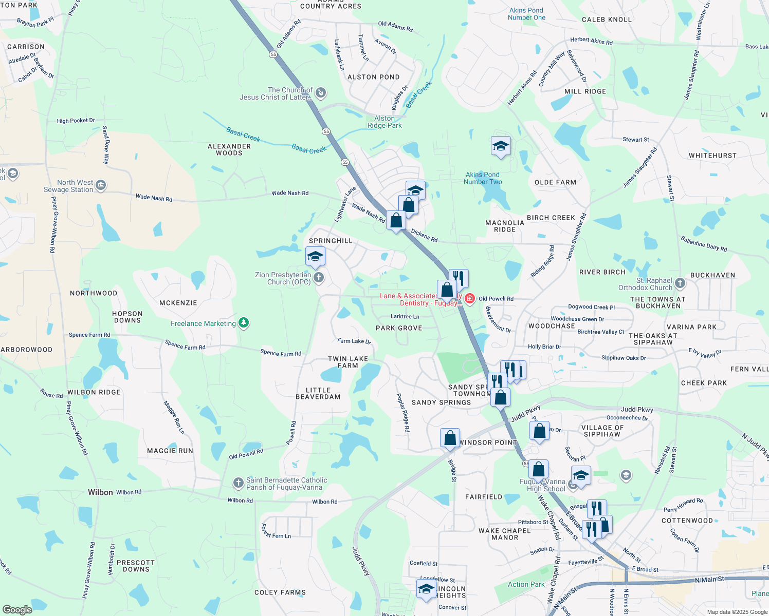 map of restaurants, bars, coffee shops, grocery stores, and more near 335 Edgecroft Way in Fuquay Varina