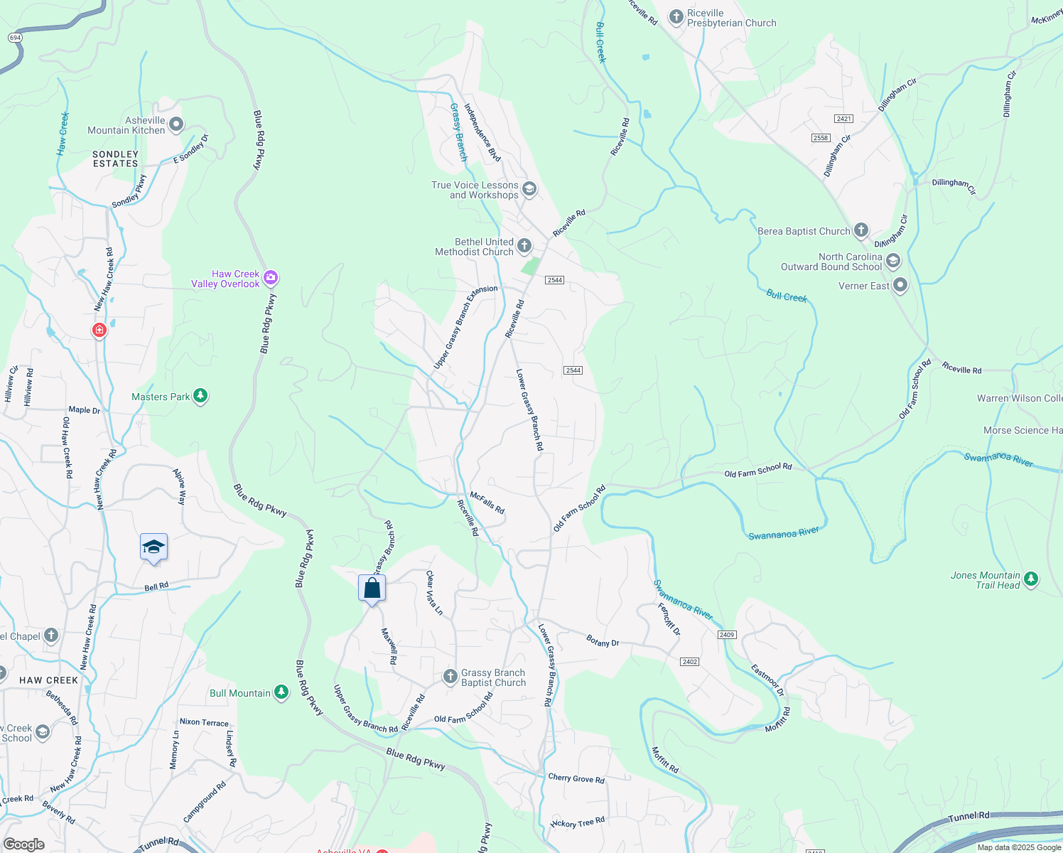 map of restaurants, bars, coffee shops, grocery stores, and more near 392 Lower Grassy Branch Road in Asheville