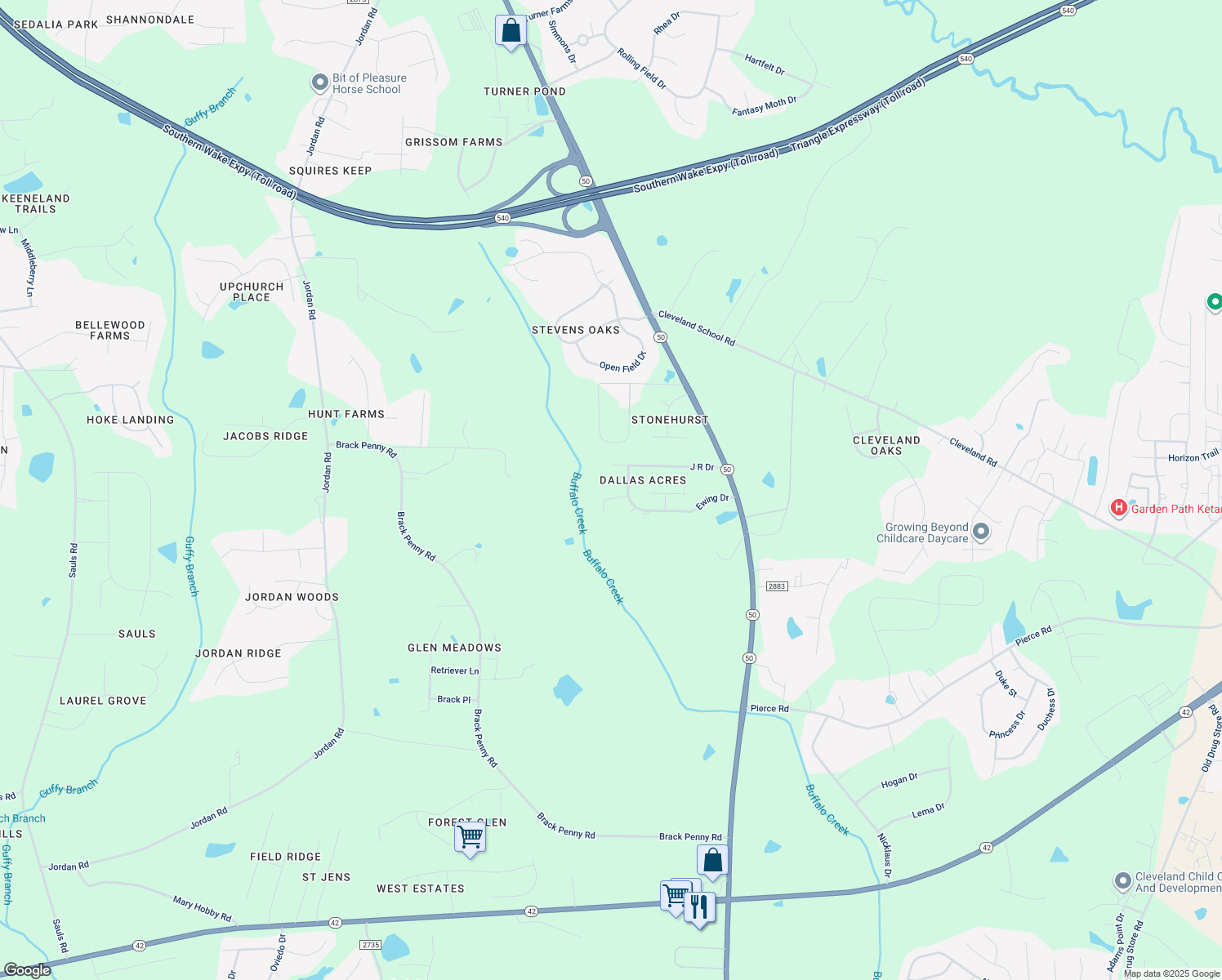 map of restaurants, bars, coffee shops, grocery stores, and more near 1109 Cattleman's Circle in Garner