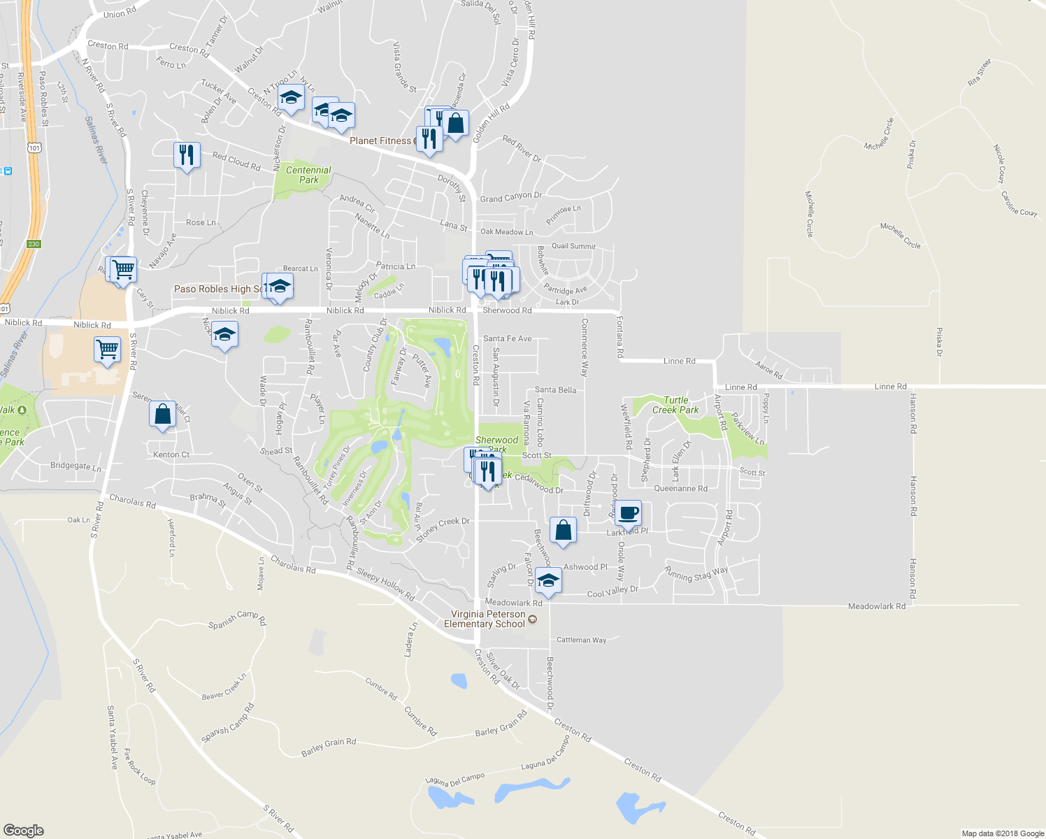 map of restaurants, bars, coffee shops, grocery stores, and more near 198 Santa Ynez Avenue in Paso Robles
