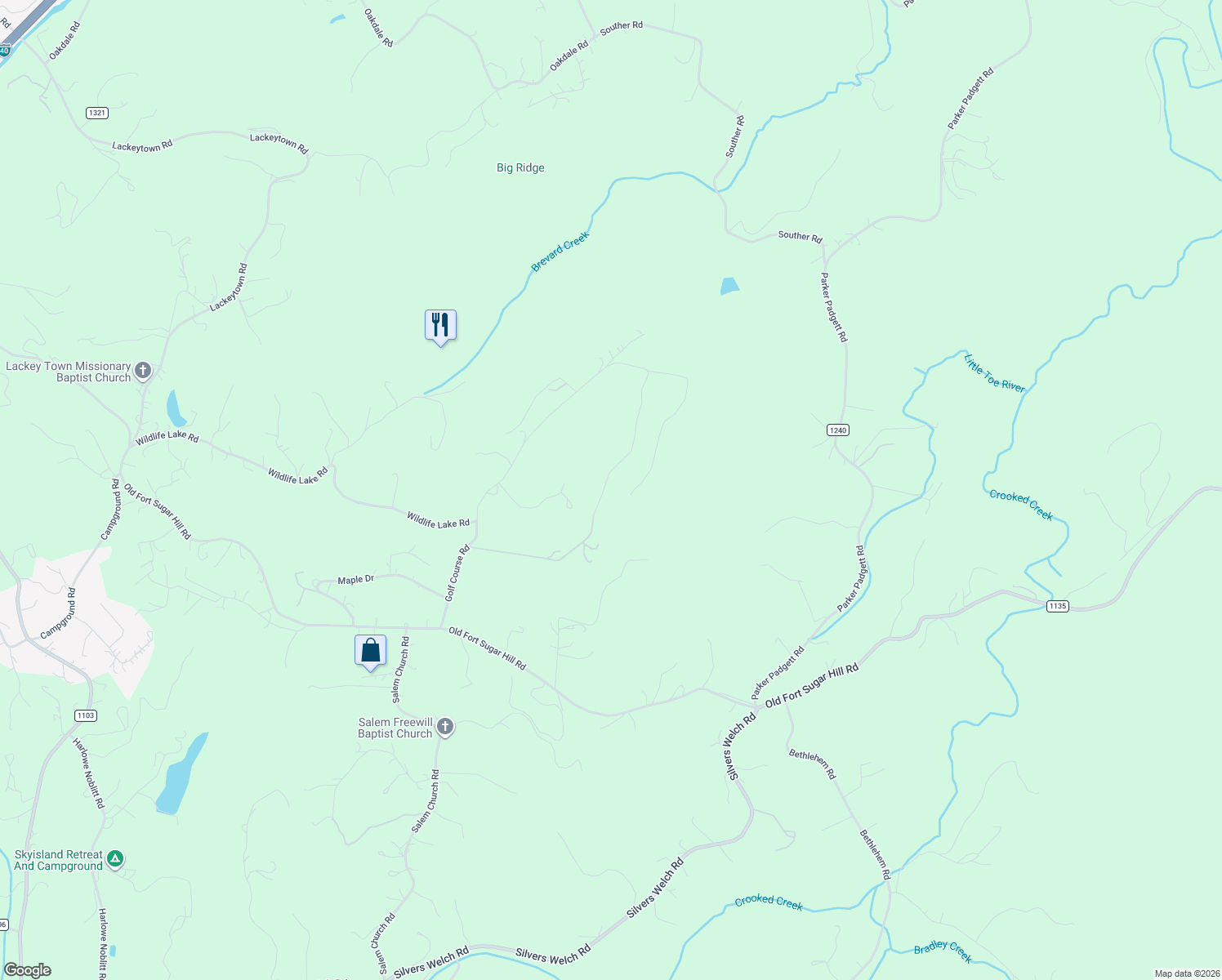 map of restaurants, bars, coffee shops, grocery stores, and more near 951-1645 Golf Course Road in Old Fort