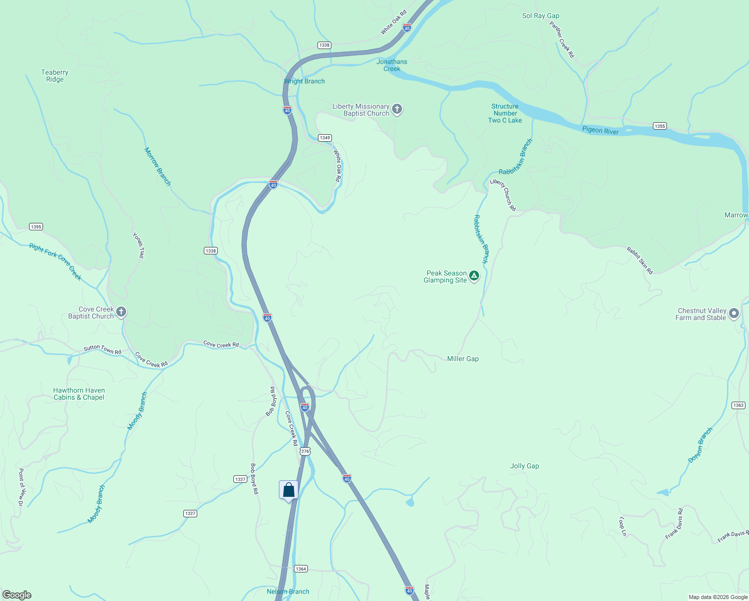 map of restaurants, bars, coffee shops, grocery stores, and more near 55 Baby Bunny Way in Waynesville
